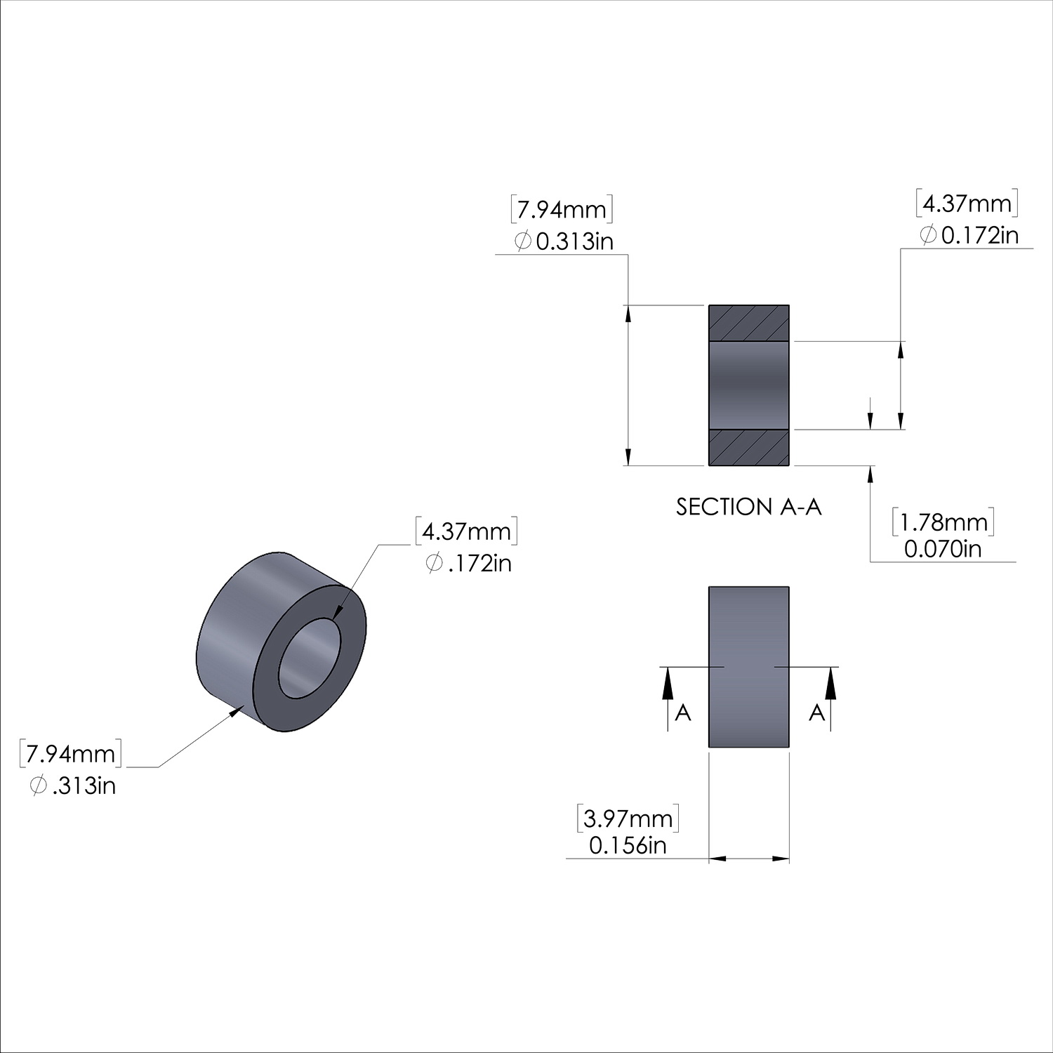 Aluminum Spacer 5/16'' OD x .172'' ID x 5/32'' Long, Plain Aluminum Finish