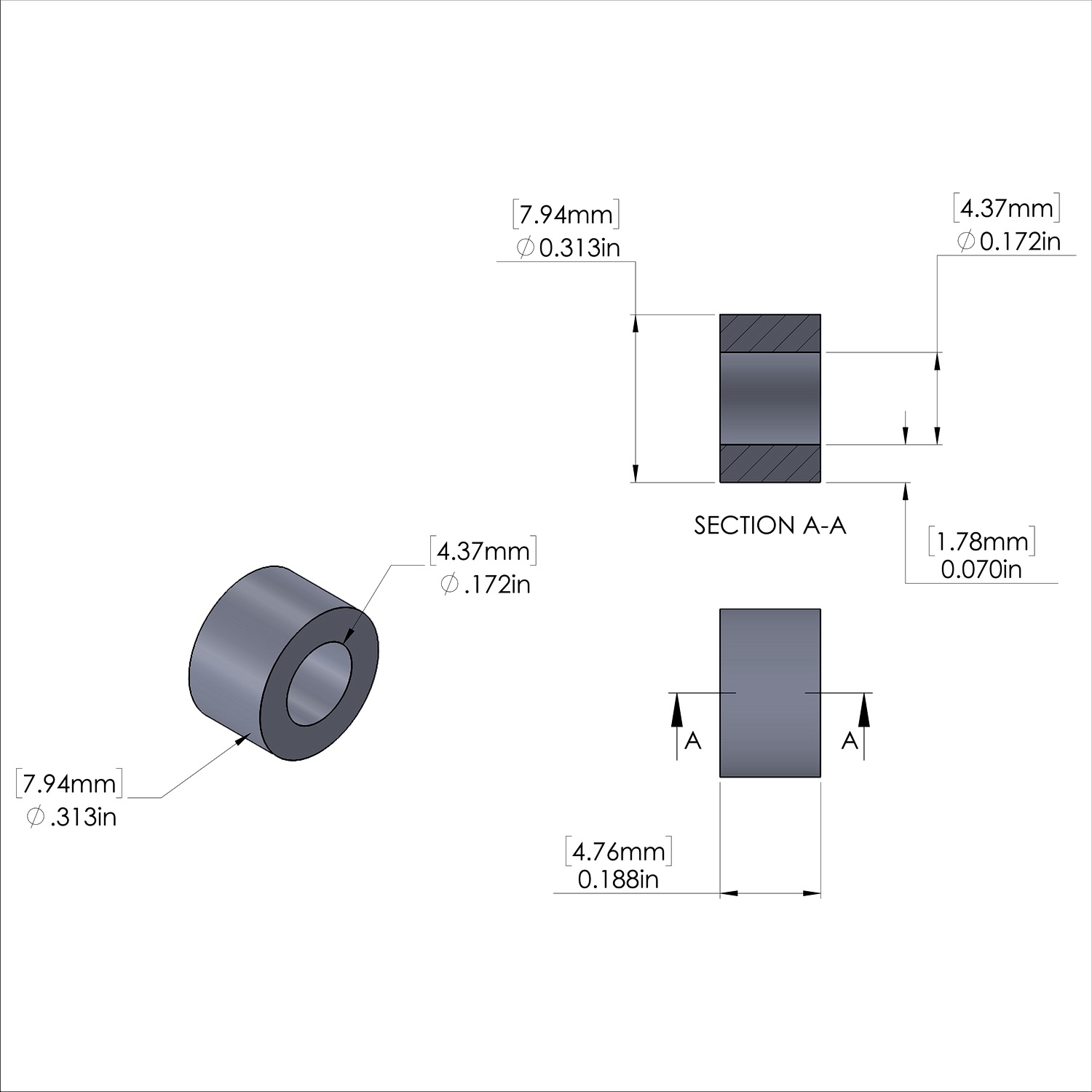 Aluminum Spacer 5/16'' OD x .172'' ID x 3/16'' Long, Black Anodized Finish