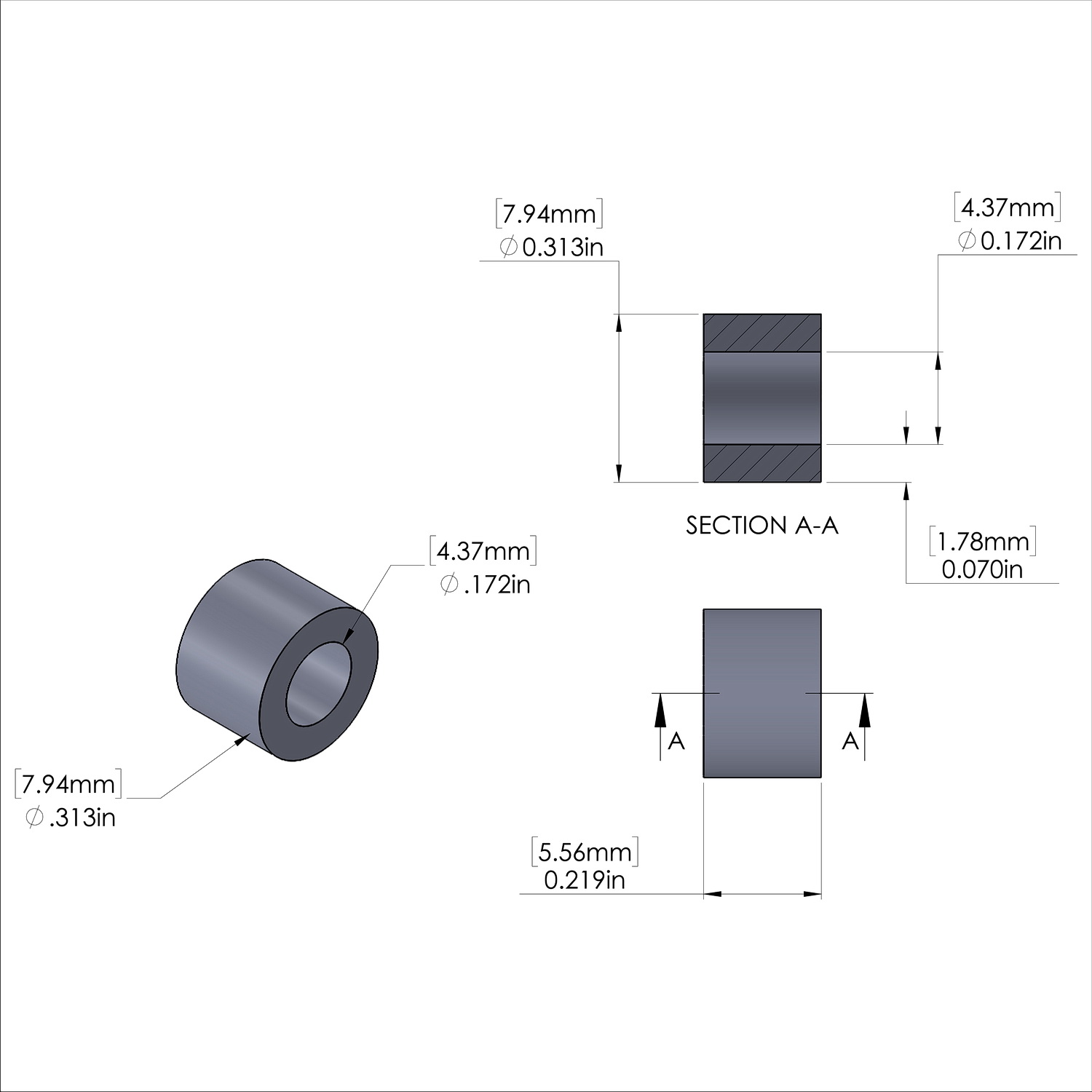 Aluminum Spacer 5/16'' OD x .172'' ID x 7/32'' Long, Plain Aluminum Finish