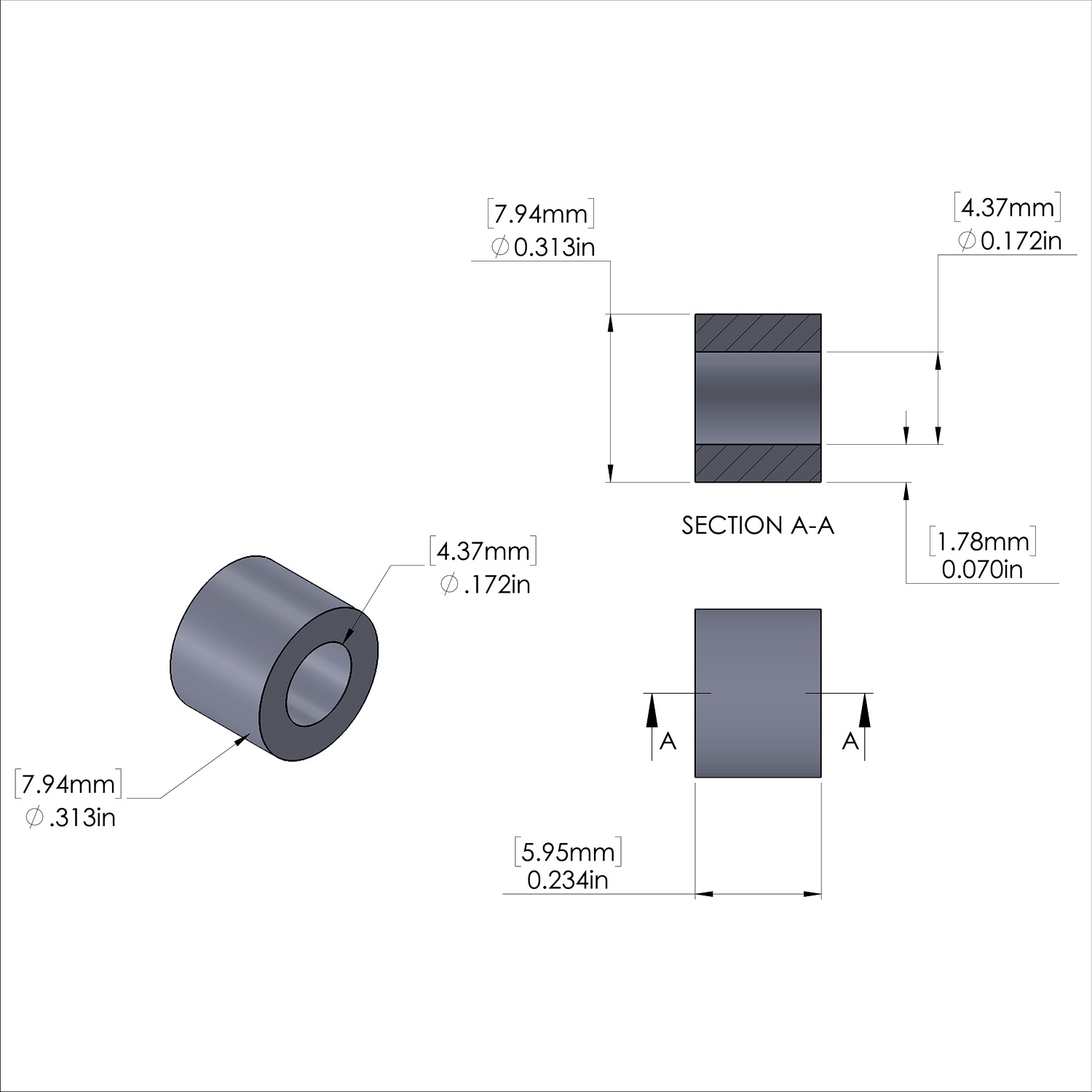 Aluminum Spacer 5/16'' OD x .172'' ID x 1/4'' Long, Plain Aluminum Finish