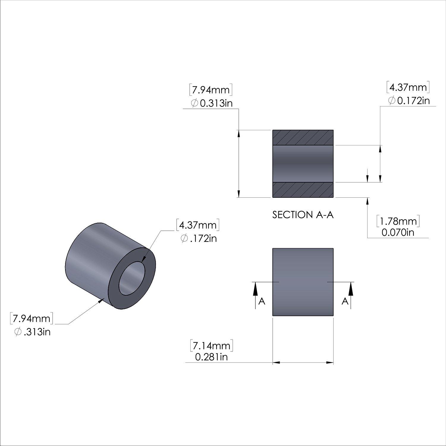 Aluminum Spacer 5/16'' OD x .172'' ID x 9/32'' Long
