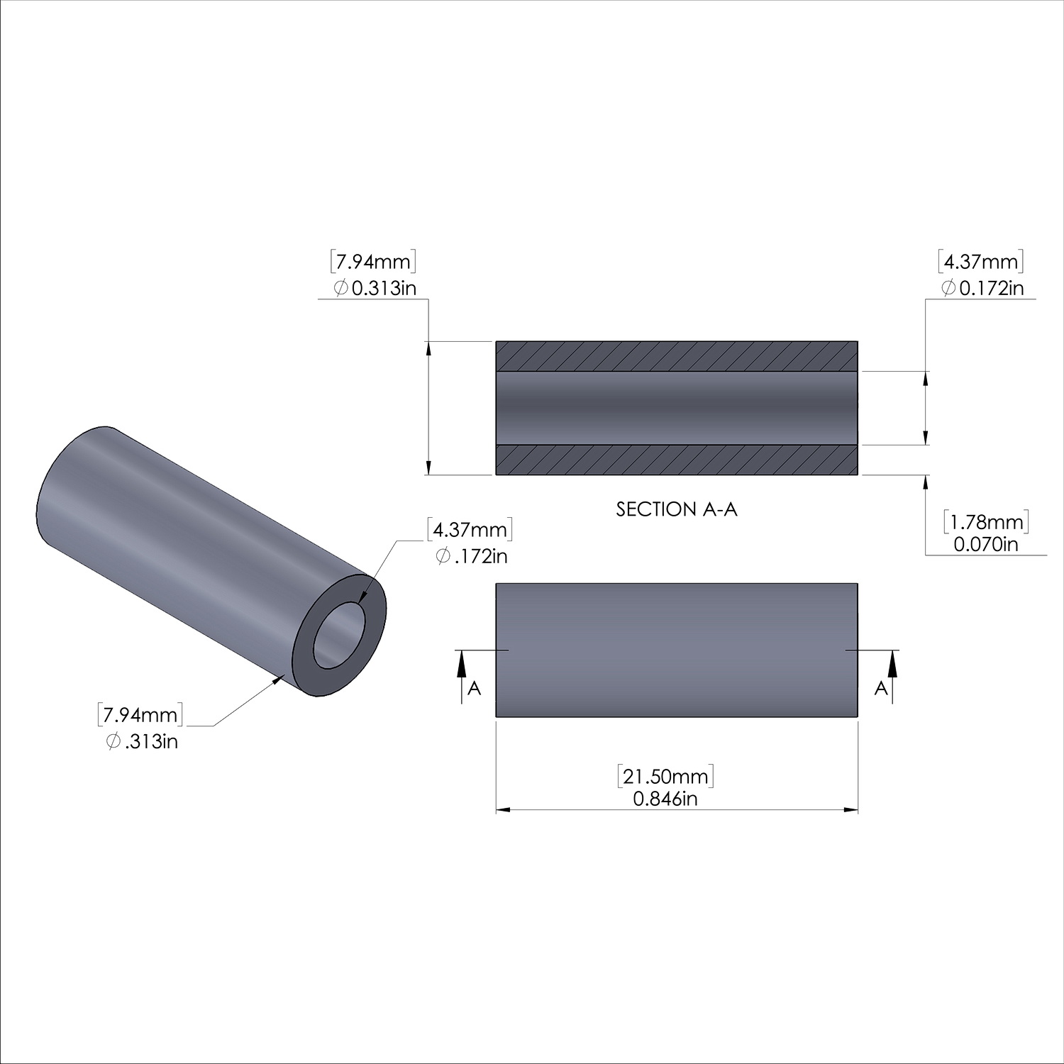 Aluminum Spacer 5/16'' OD x .172'' ID x 21.5mm Long, Plain Aluminum Finish