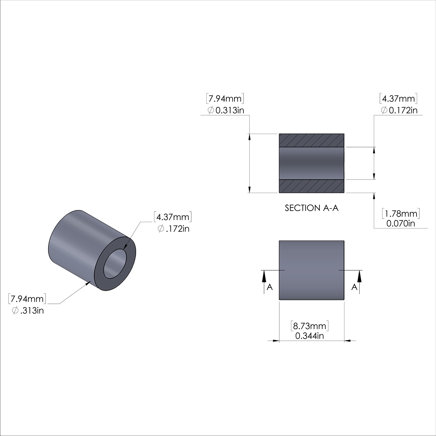 Aluminum Spacer 5/16'' OD x .172'' ID x 11/32'' Long, Plain Aluminum Finish