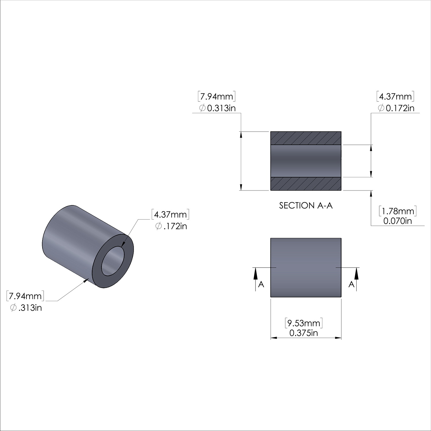 Aluminum Spacer 5/16'' OD x .172'' ID x 3/8'' Long, Black Anodized Finish