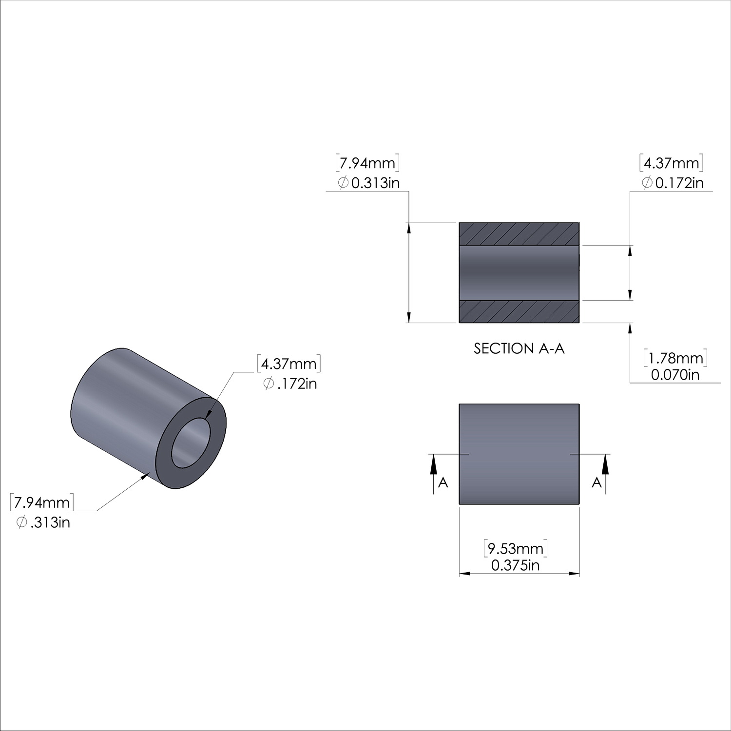 Aluminum Spacer 5/16'' OD x .172'' ID x 3/8'' Long