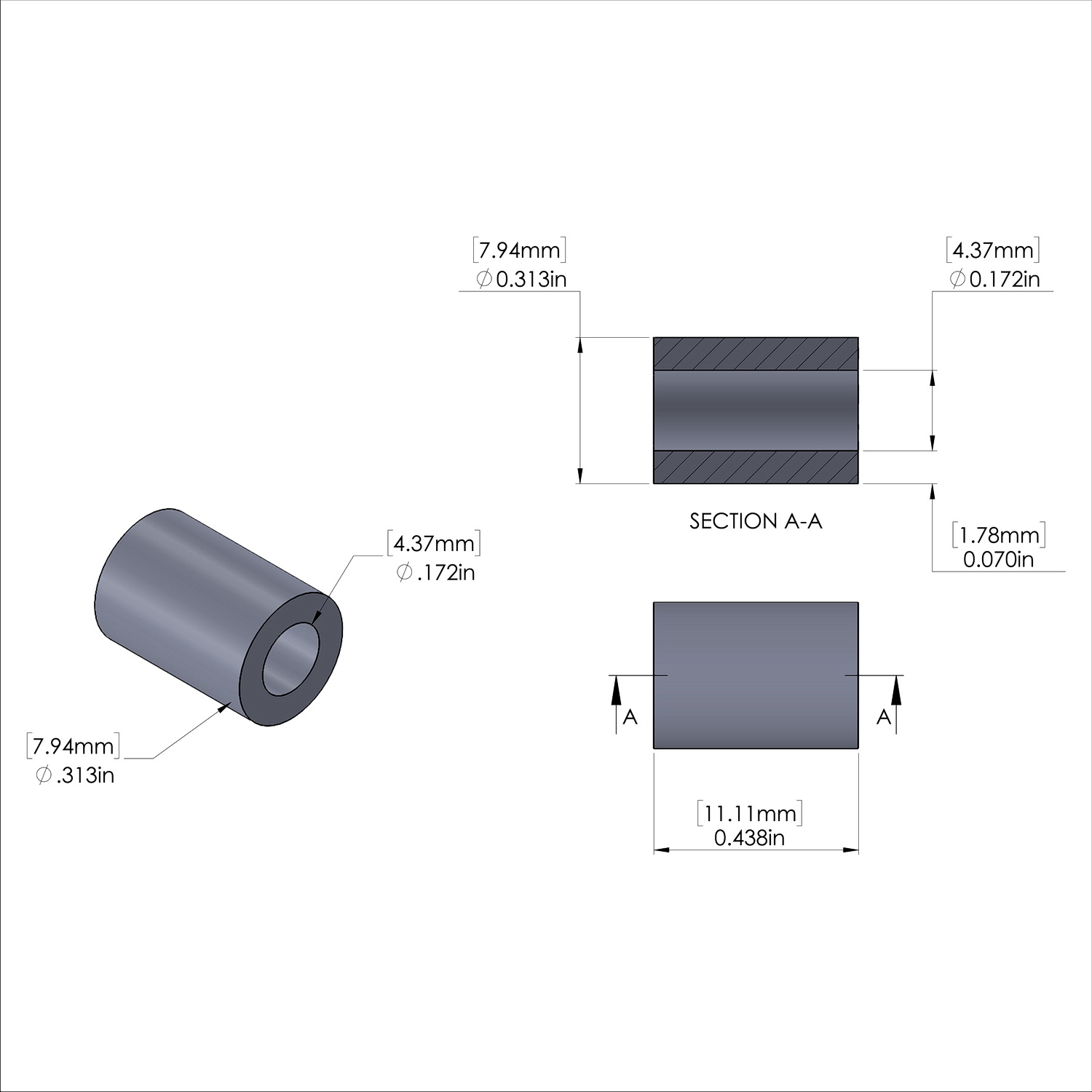 Aluminum Spacer 5/16'' OD x .172'' ID x 7/16'' Long, Plain Aluminum Finish