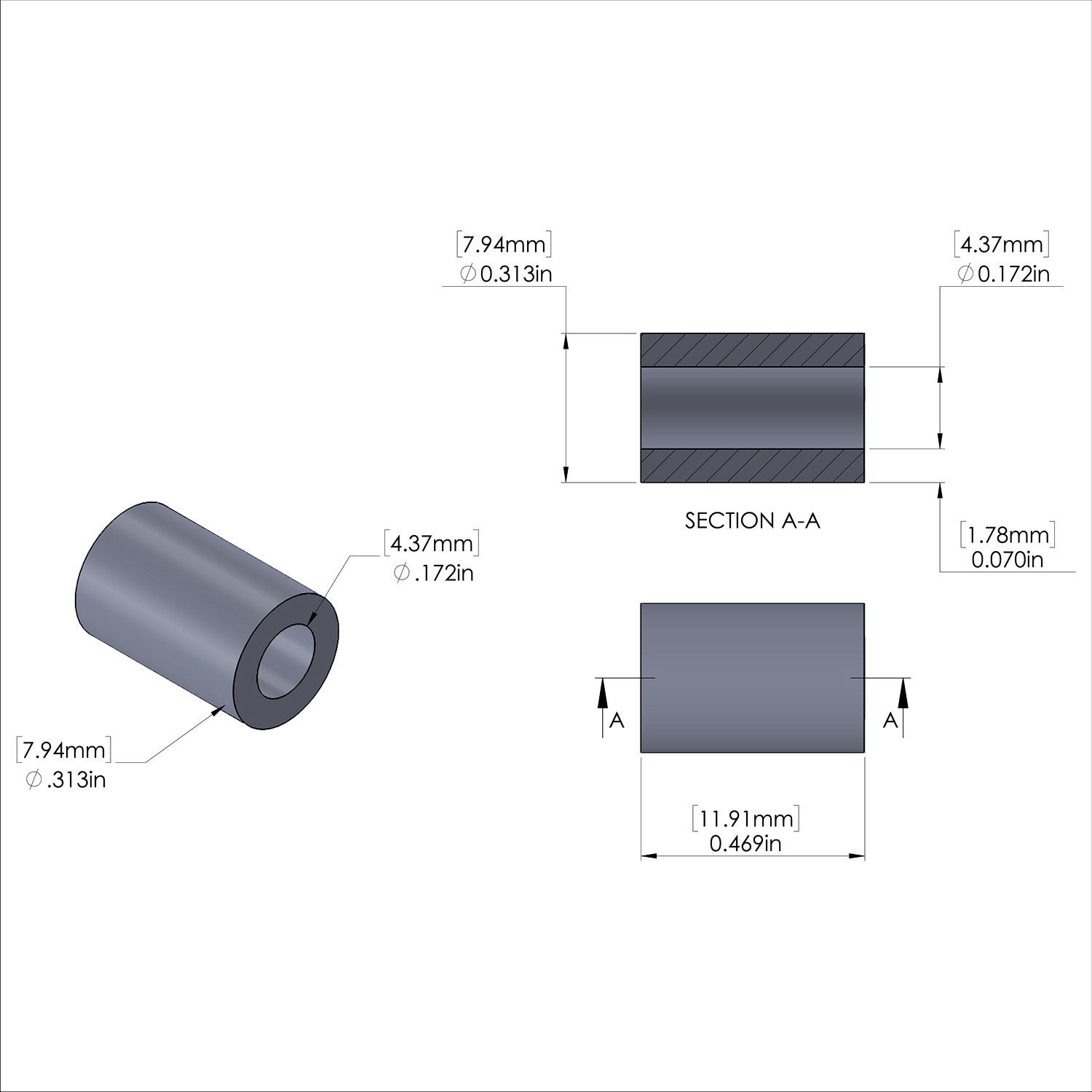 Aluminum Spacer 5/16'' OD x .172'' ID x 15/32'' Long, Plain Aluminum Finish