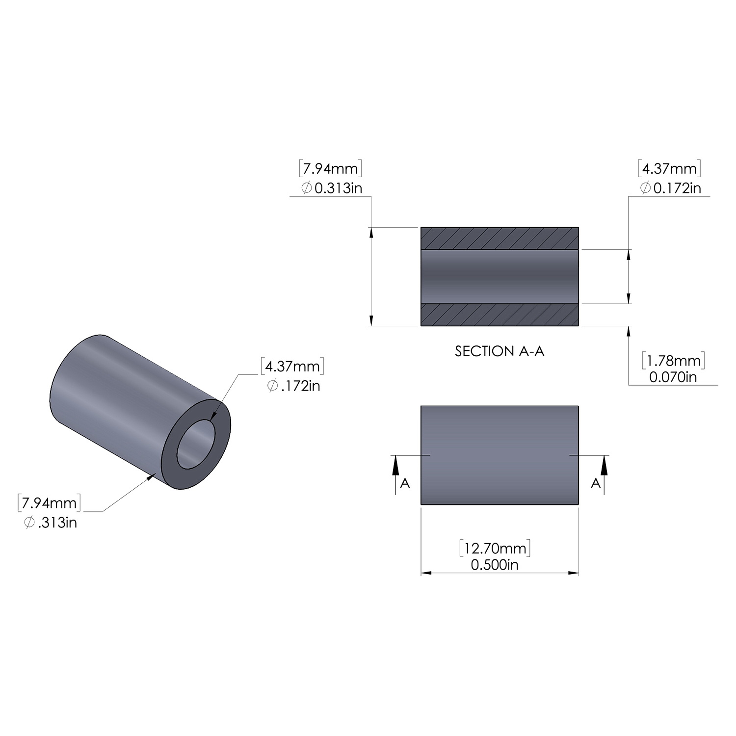 Aluminum Spacer 5/16'' OD x .172'' ID x 1/2'' Long, Black Anodized Finish