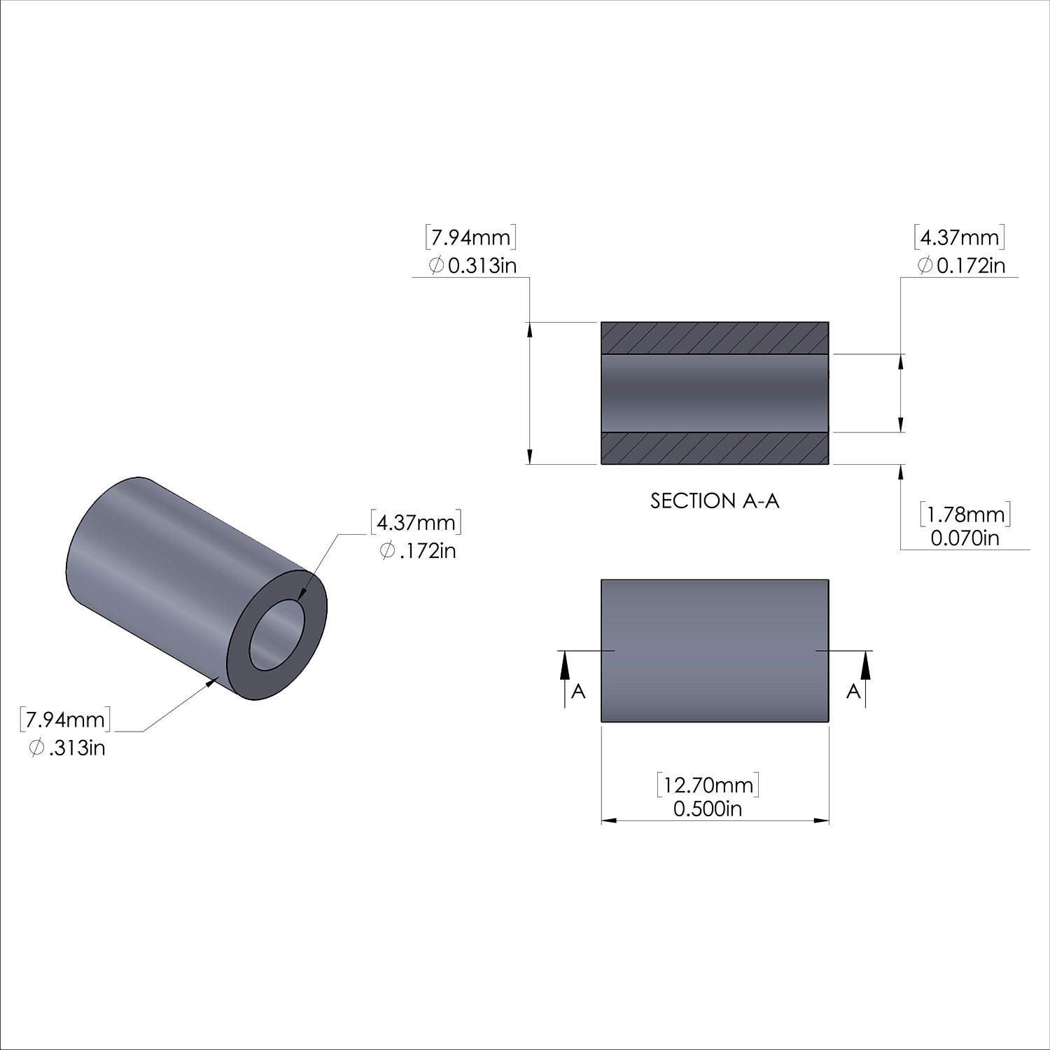 Aluminum Spacer 5/16'' OD x .172'' ID x 1/2'' Long, Plain Aluminum Finish