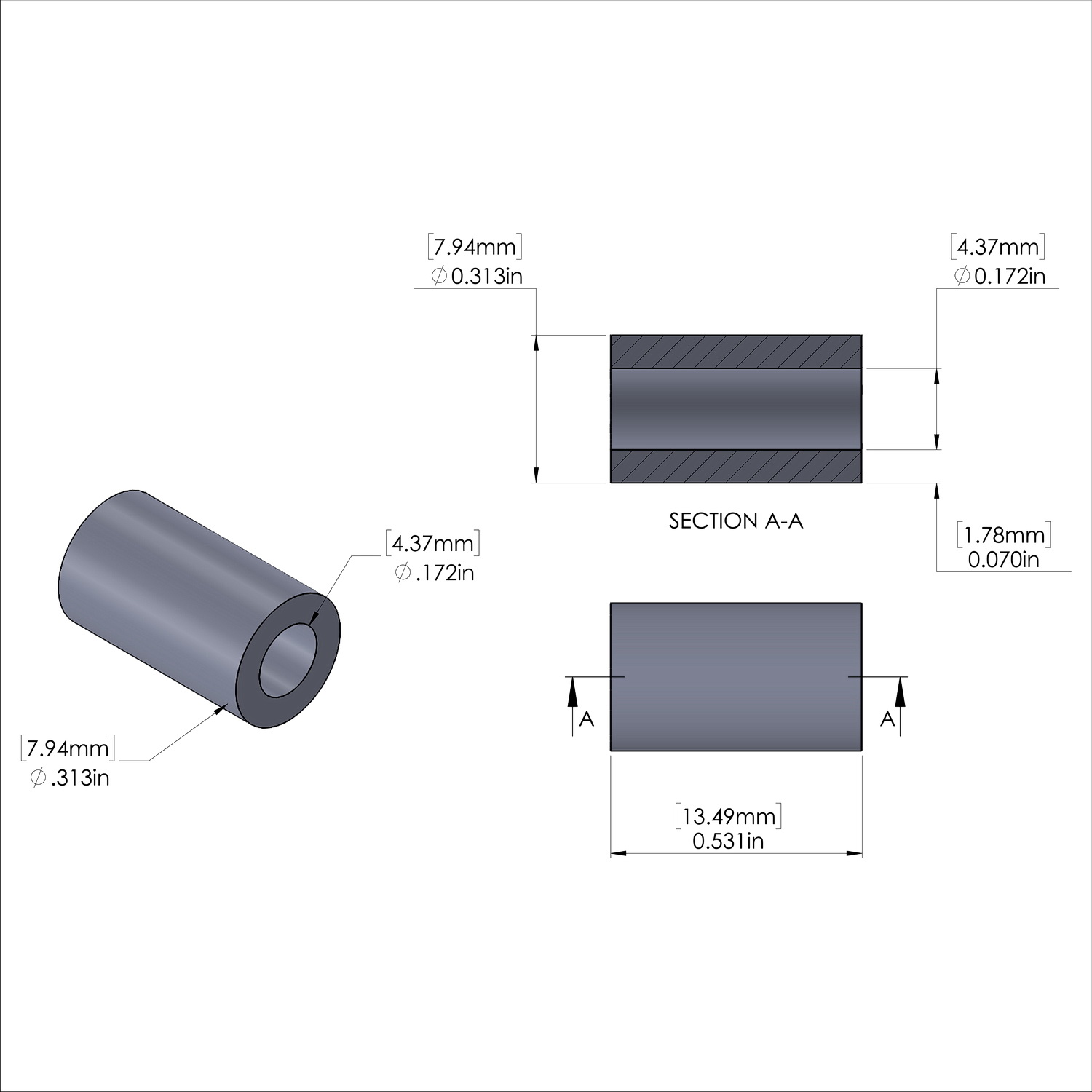 Aluminum Spacer 5/16'' OD x .172'' ID x 17/32'' Long, Plain Aluminum Finish