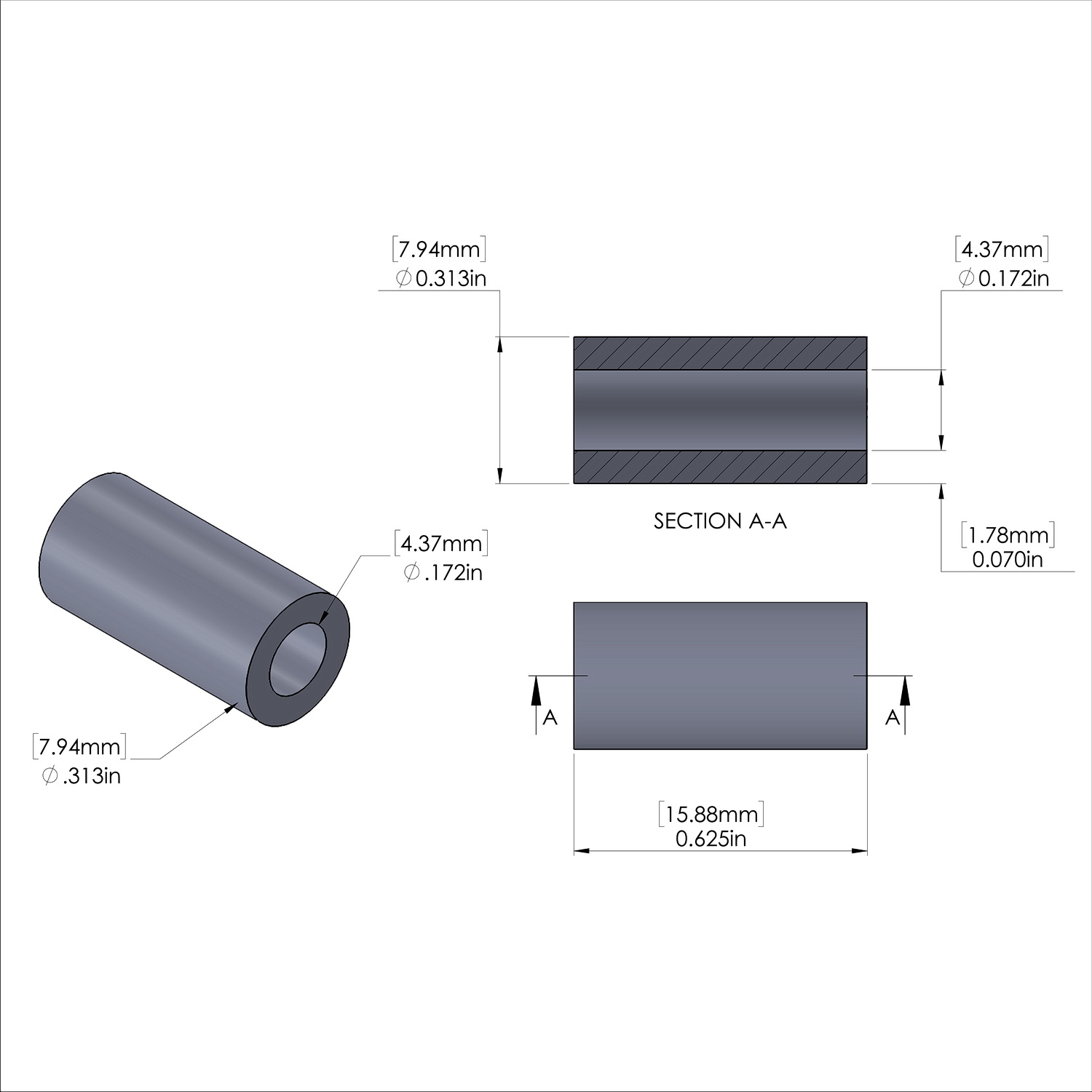 Aluminum Spacer 5/16'' OD x .172'' ID x 5/8'' Long, Black Anodized Finish