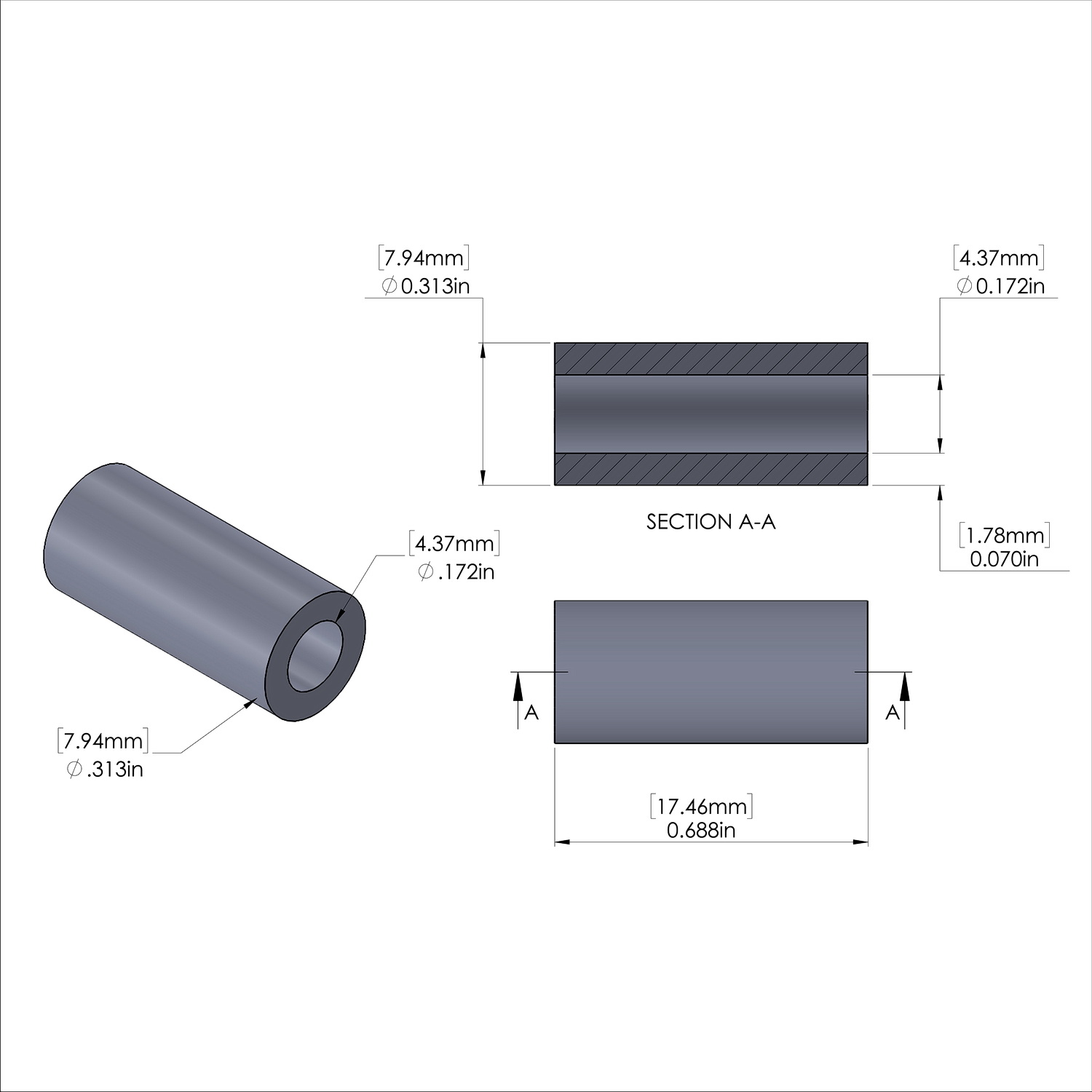 Aluminum Spacer 5/16'' OD x .172'' ID x 11/16'' Long