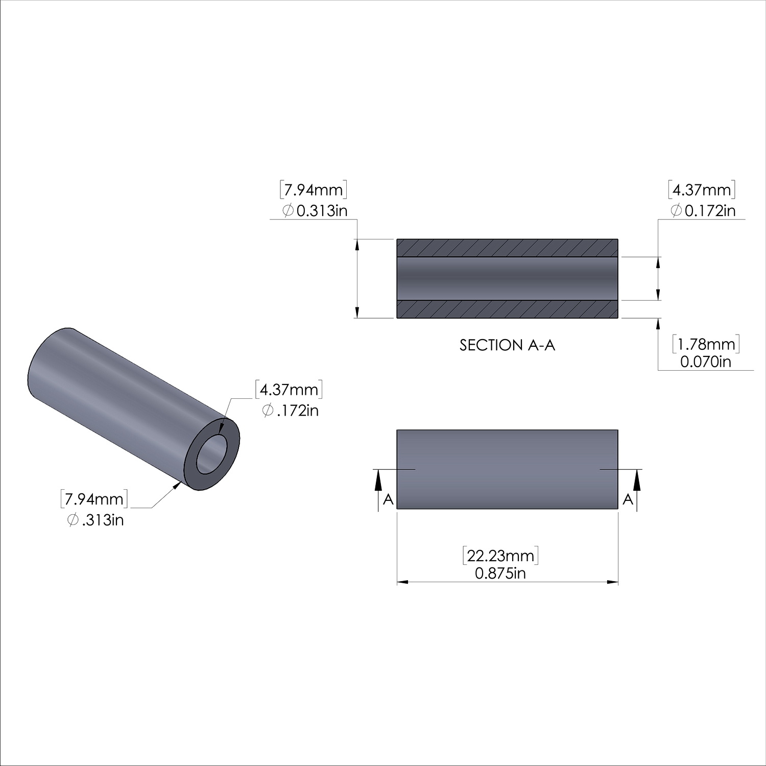 Aluminum Spacer 5/16'' OD x .172'' ID x 7/8'' Long - Black Anodized