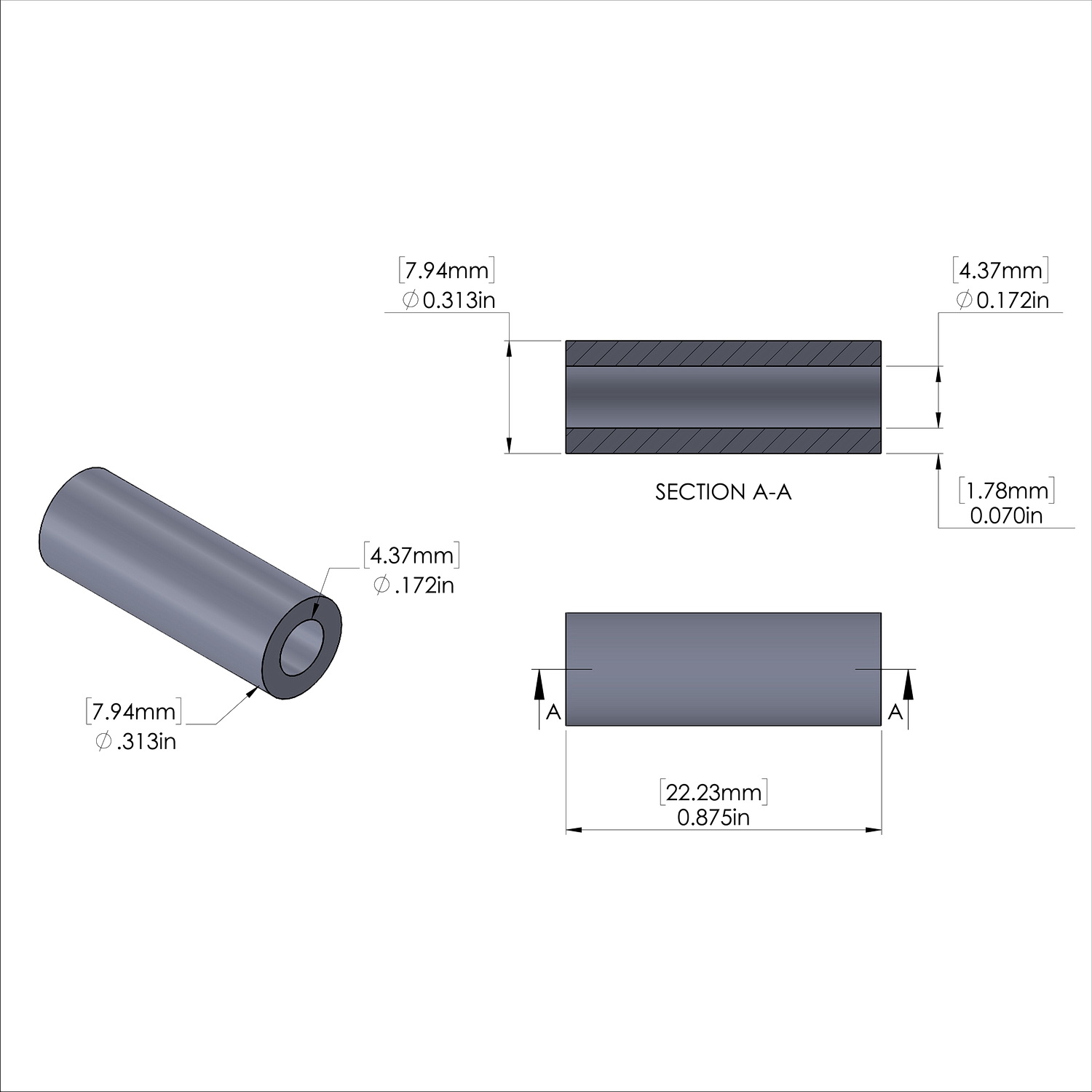 Aluminum Spacer 5/16'' OD x .172'' ID x 7/8'' Long, Plain Aluminum Finish