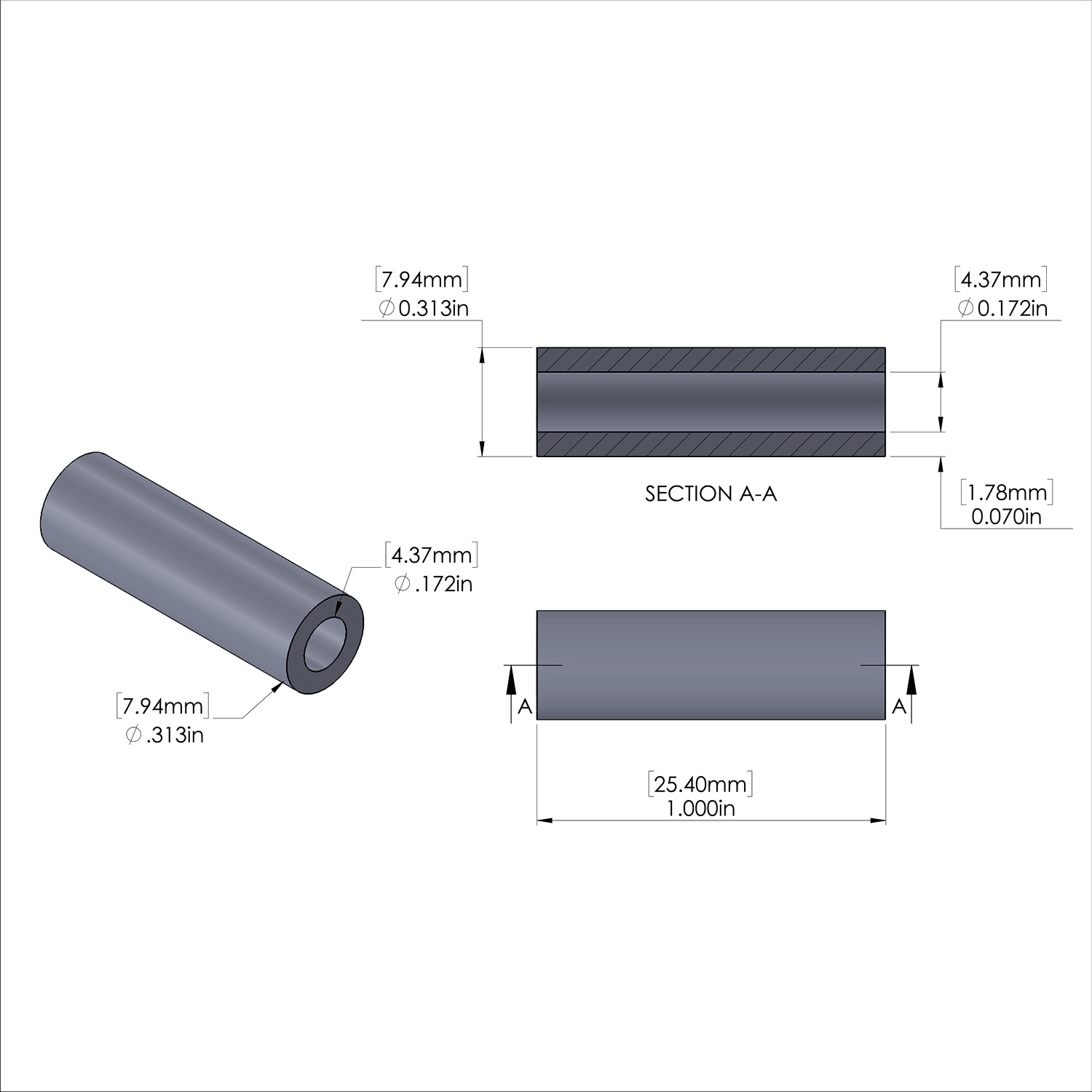 Aluminum Spacer 5/16'' OD x .172'' ID x 1.000'' Long, Black Anodized Finish