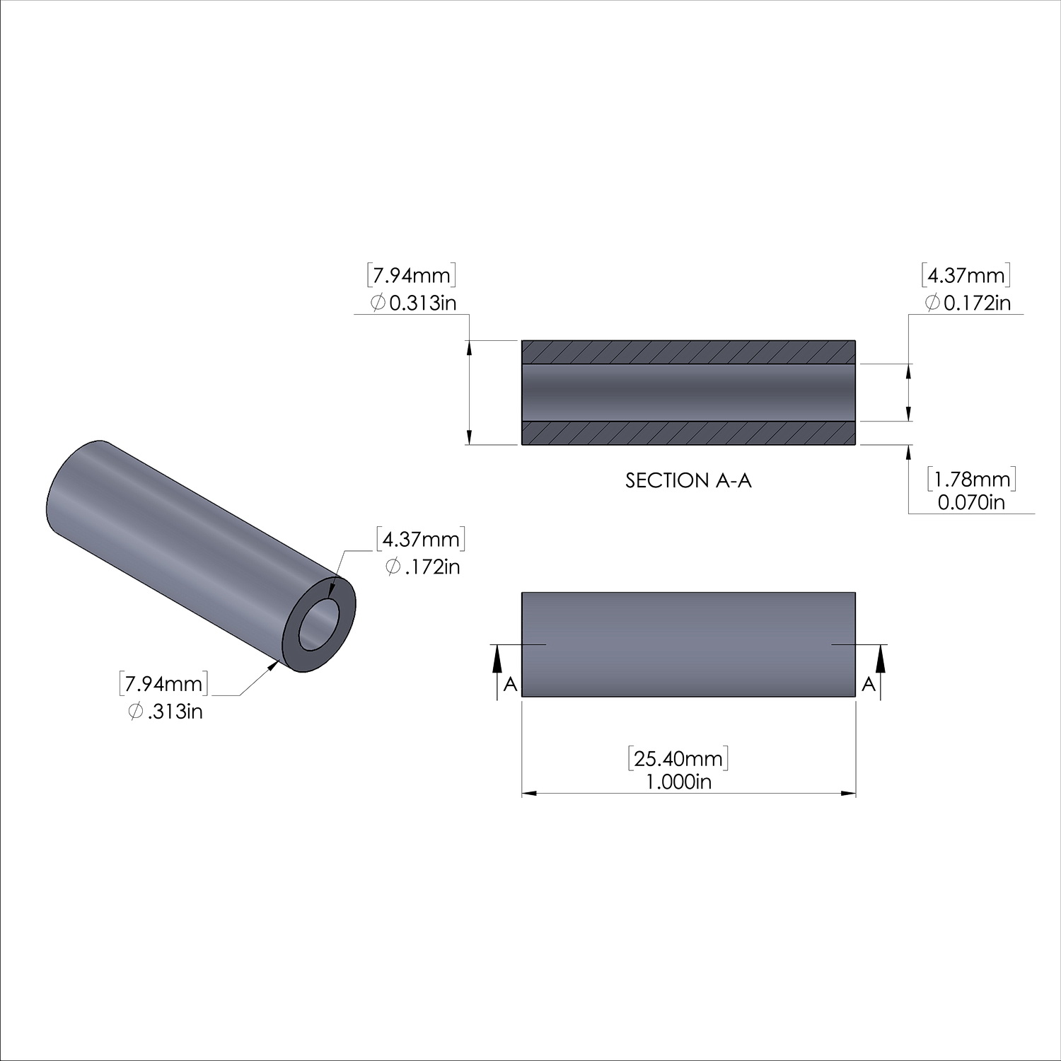 Aluminum Spacer 5/16'' OD x .172'' ID x 1.000'' Long, Plain Aluminum Finish
