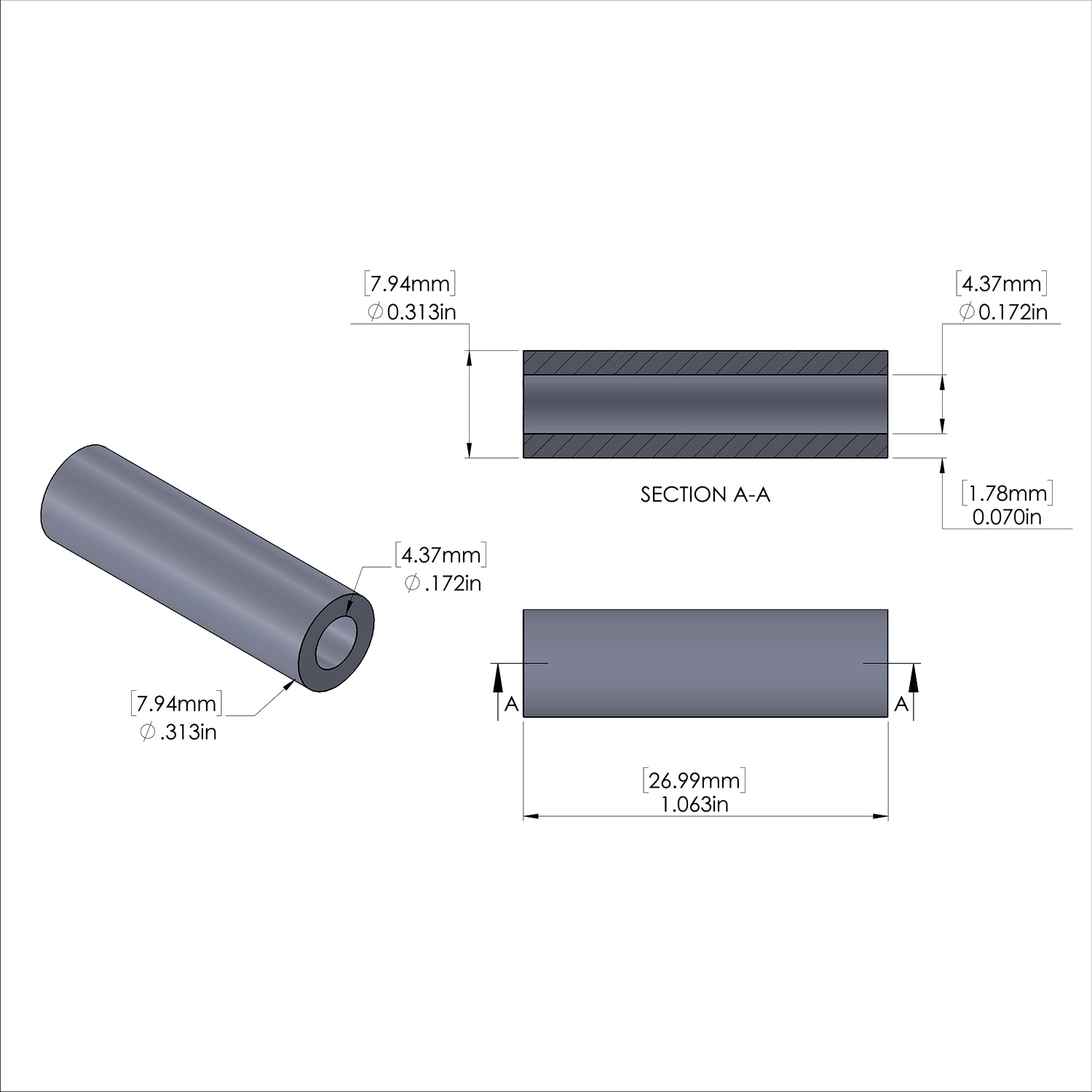Aluminum Spacer 5/16'' OD x .172'' ID x 1-1/16'' Long, Plain Aluminum Finish