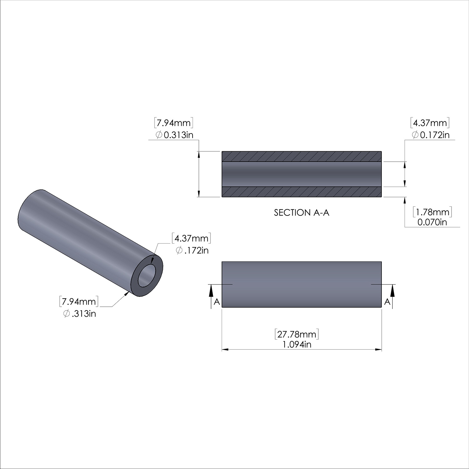 Aluminum Spacer 5/16'' OD x .172'' ID x 1-3/32'' Long