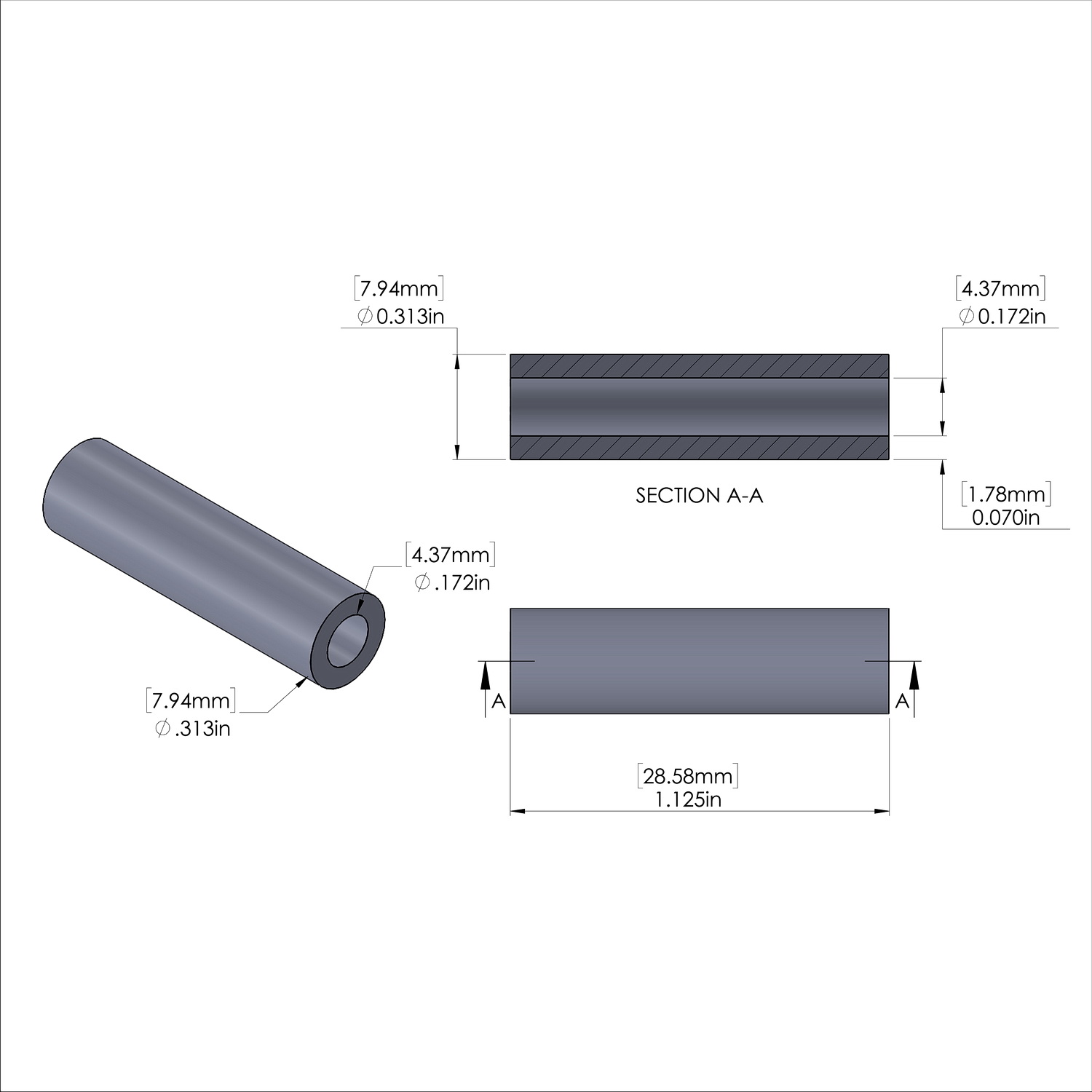 Aluminum Spacer 5/16'' OD x .172'' ID x 1-1/8'' Long, Black Anodized Finish