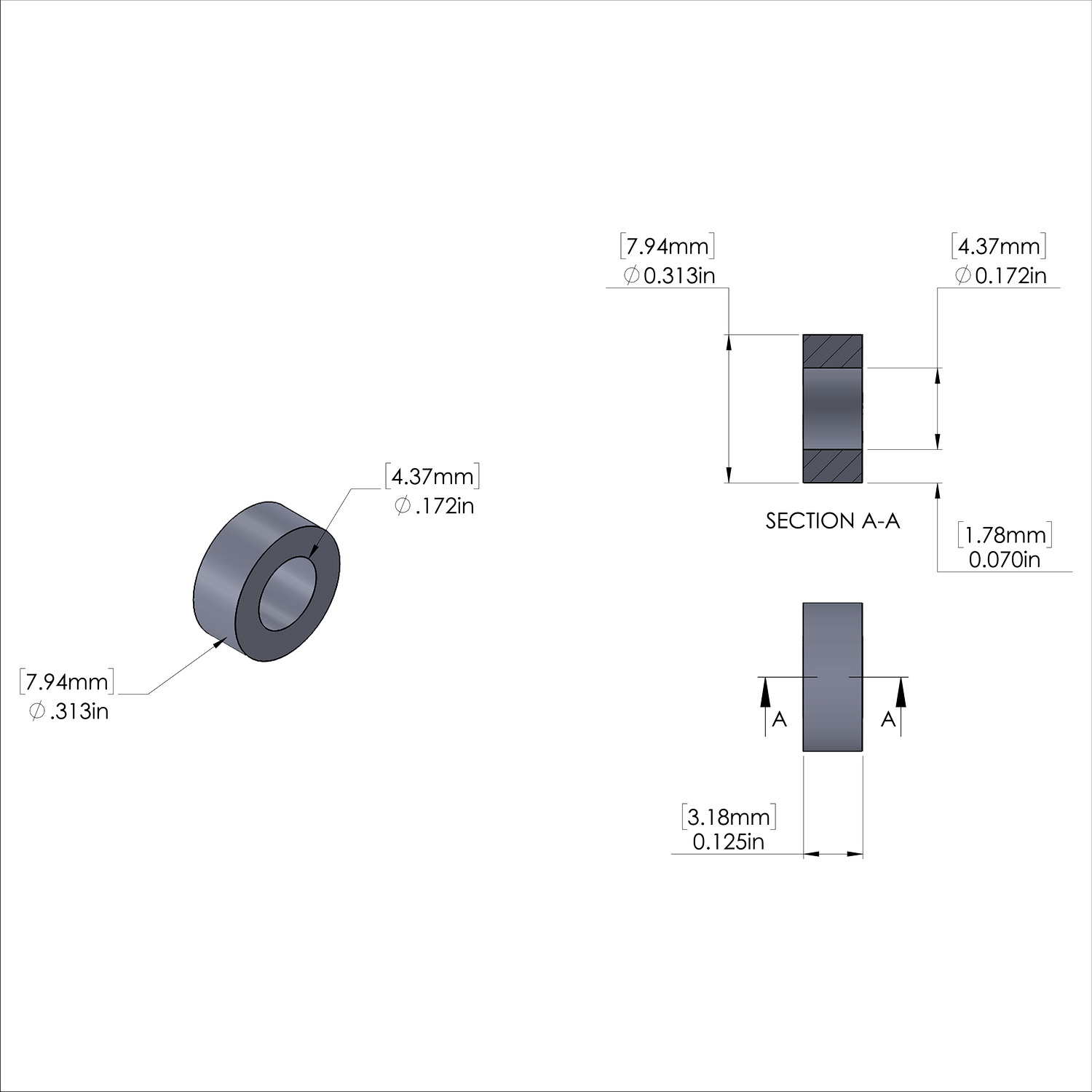Aluminum Spacer 5/16'' OD x .172'' ID x 1/8'' Long, Black Anodized Finish