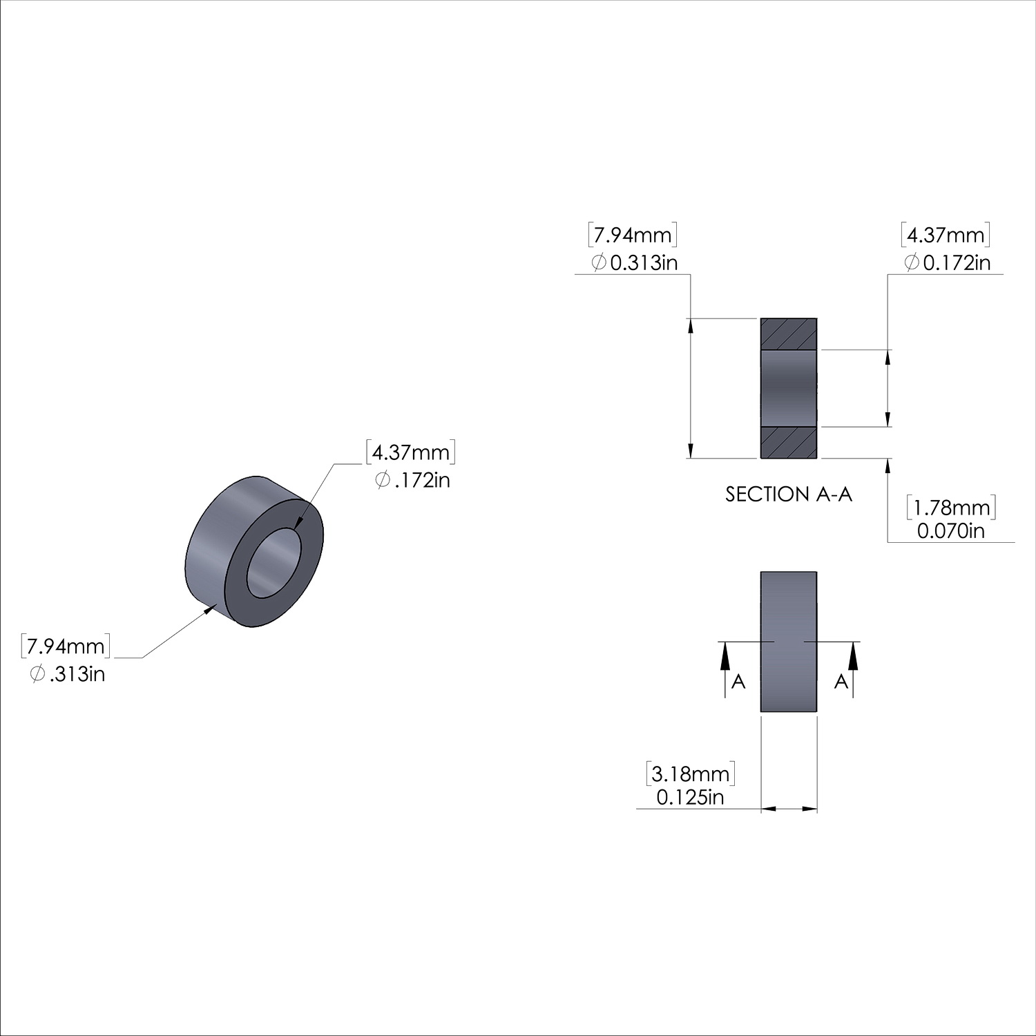 Aluminum Spacer 5/16'' OD x .172'' ID x 1/8'' Long