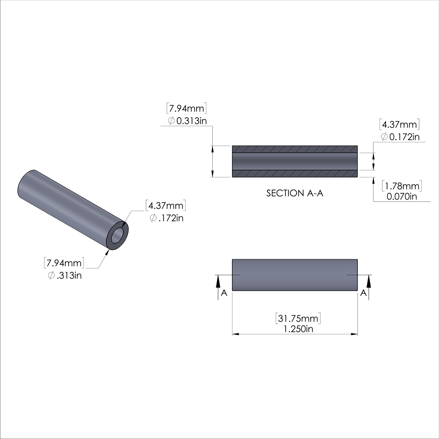 Aluminum Spacer 5/16'' OD x .172'' ID x 1-1/4'' Long, Plain Aluminum Finish
