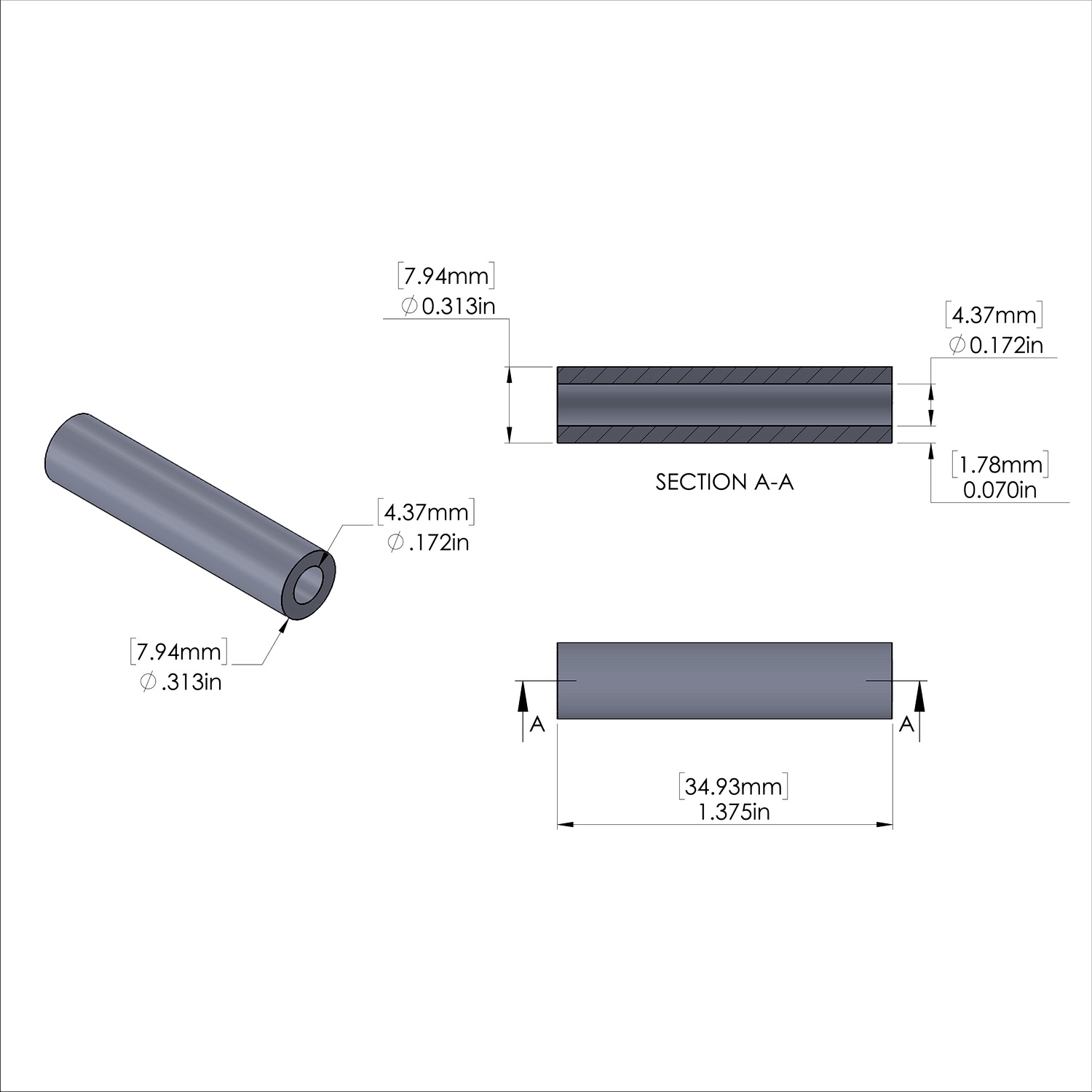 Aluminum Spacer 5/16'' OD x .172'' ID x 1-3/8'' Long, Plain Aluminum Finish