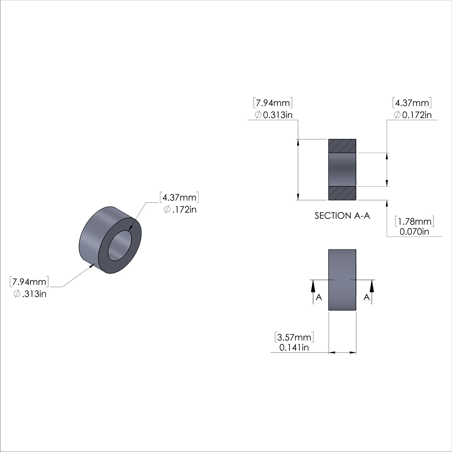 Aluminum Spacer 5/16'' OD x .172'' ID x 9/64'' Long, Plain Aluminum Finish