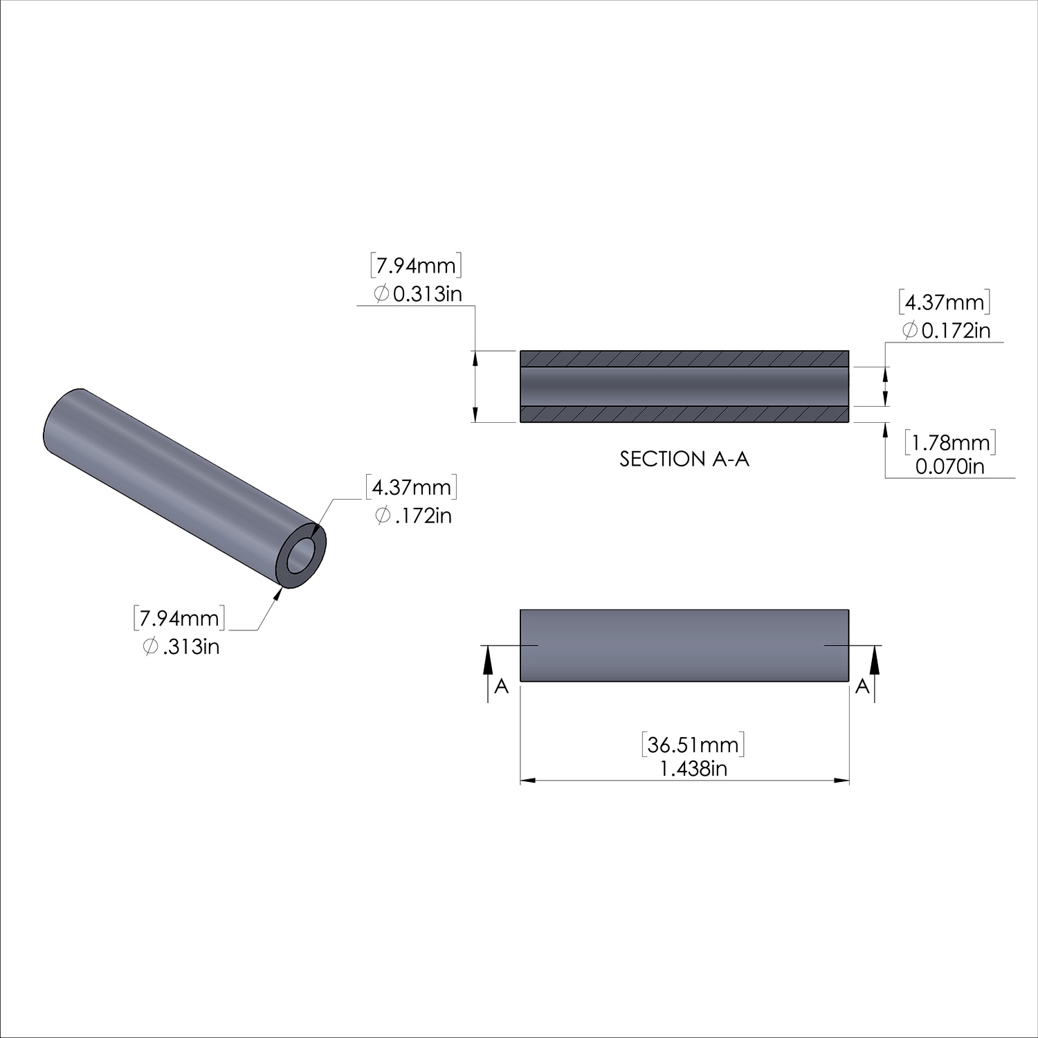 Aluminum Spacer 5/16'' OD x .172'' ID x 1-7/16'' Long, Plain Aluminum Finish