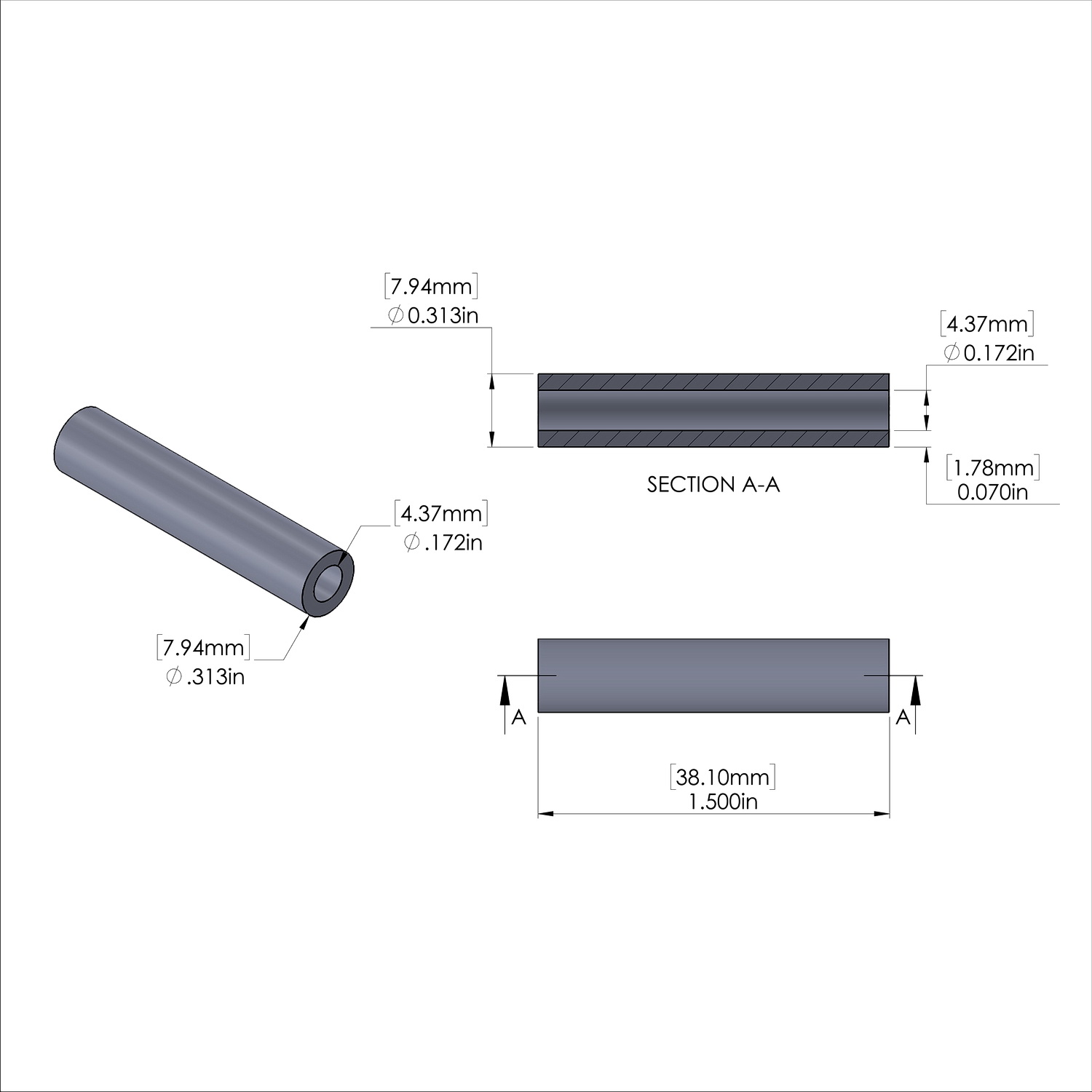 Aluminum Spacer 5/16'' OD x .172'' ID x 1-1/2'' Long, Black Anodized Finish