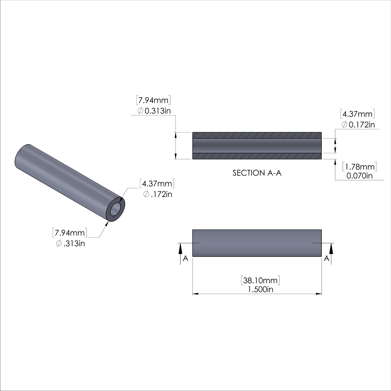 Aluminum Spacer 5/16'' OD x .172'' ID x 1-1/2'' Long