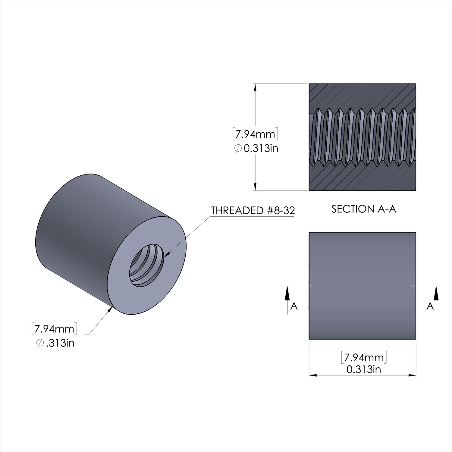 Aluminum Standoff 5/16'' OD x 8-32 Thread x 5/16'' Long