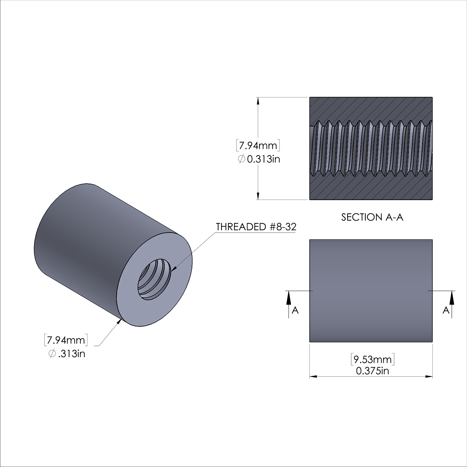 Aluminum Standoff 5/16'' OD x 8-32 Thread x 3/8'' Long