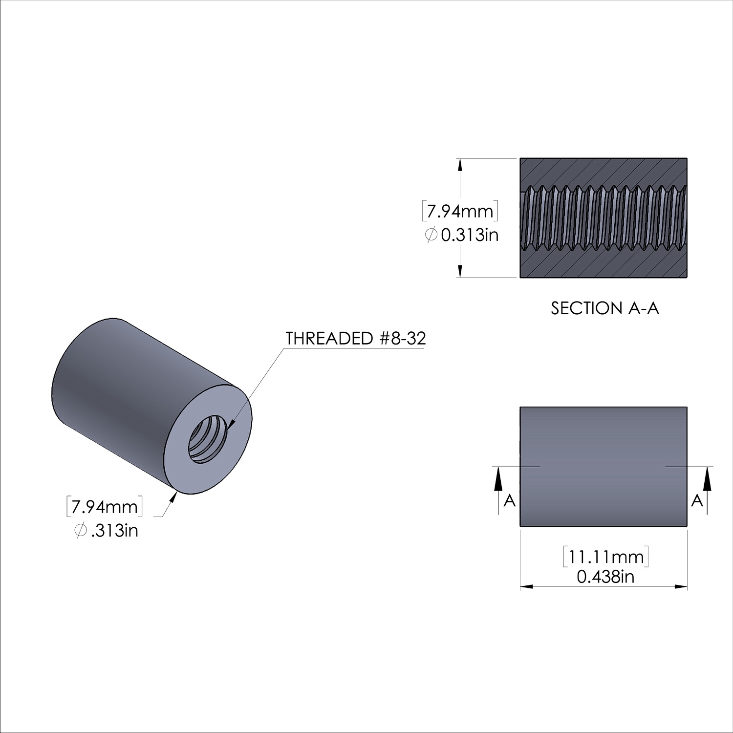 Aluminum Standoff 5/16'' OD x 8-32 Thread x 7/16'' Long, Plain Aluminum Finish