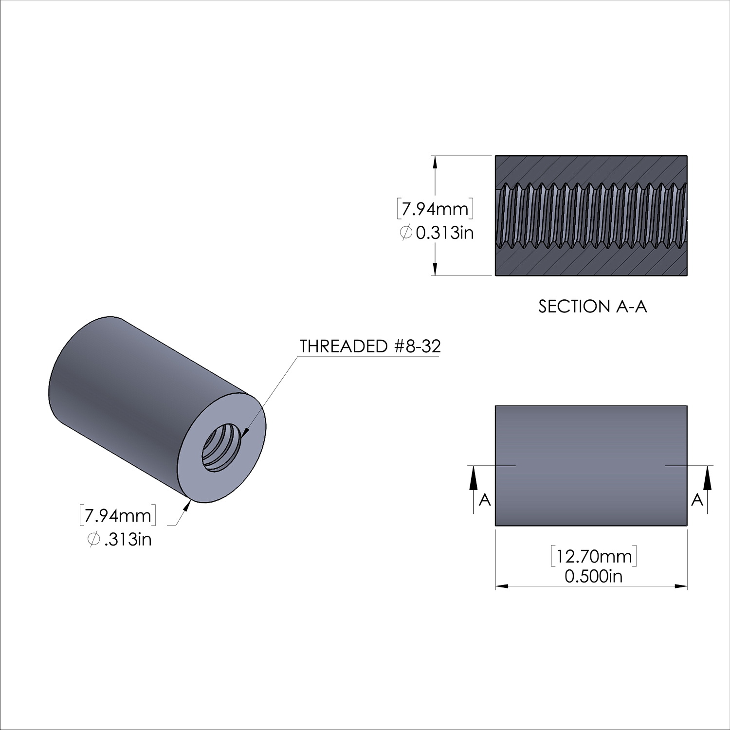 Aluminum Standoff 5/16'' OD x 8-32 Thread x 1/2'' Long, Plain Aluminum Finish