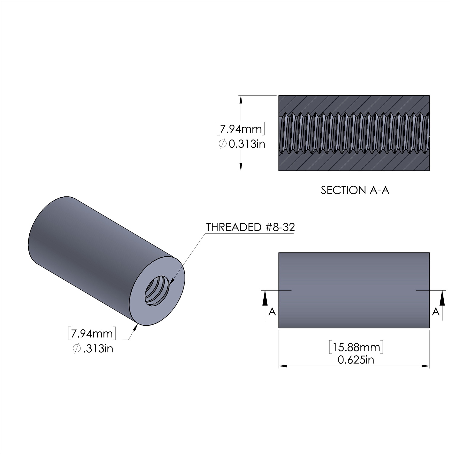 Aluminum Standoff 5/16'' OD x 8-32 Thread x 5/8'' Long, Plain Aluminum Finish