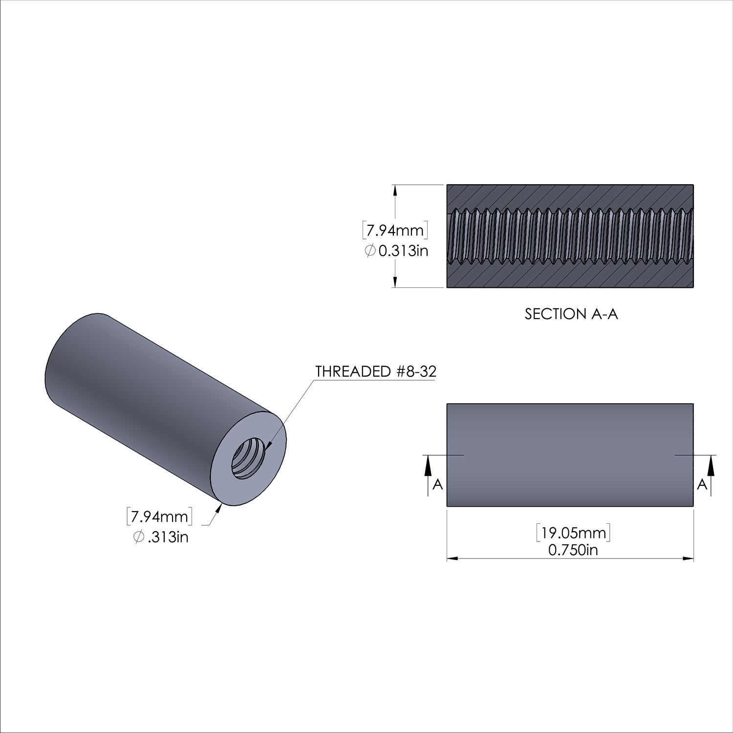 Aluminum Standoff 5/16'' OD x 8-32 Thread x 3/4'' Long, Plain Aluminum Finish