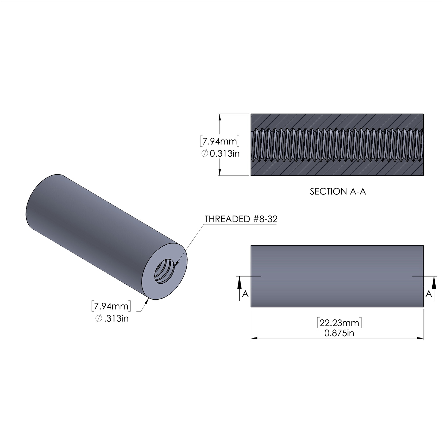 Aluminum Standoff 5/16'' OD x 8-32 Thread x 7/8'' Long, Plain Aluminum Finish