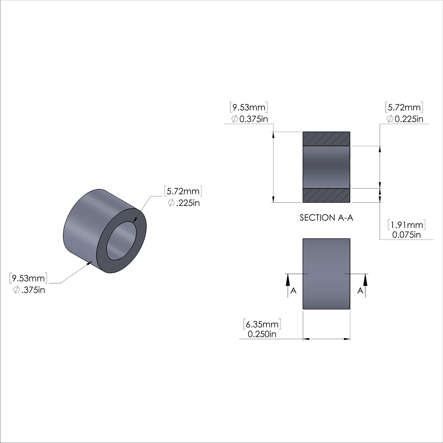 Aluminum Spacer 3/8'' OD x .225'' ID x 1/4'' Long, Plain Aluminum Finish