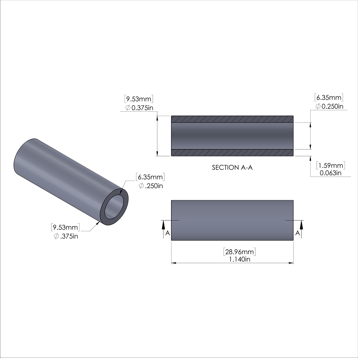 Aluminum Spacer 3/8'' OD x .250'' ID x 1.140'' Long, Plain Aluminum Finish