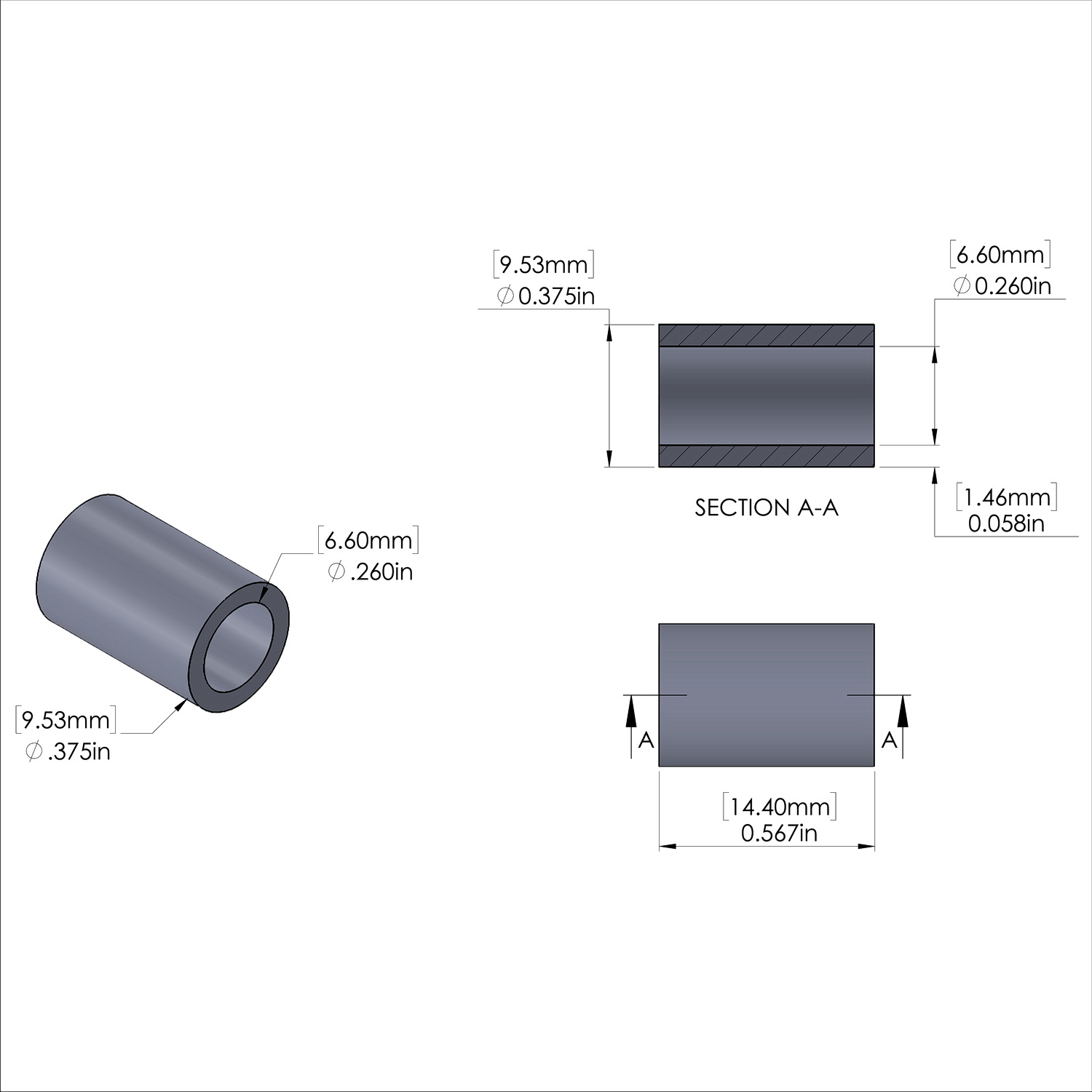 Aluminum Spacer 3/8'' OD x .260'' ID x .567'' Long, Plain Aluminum Finish