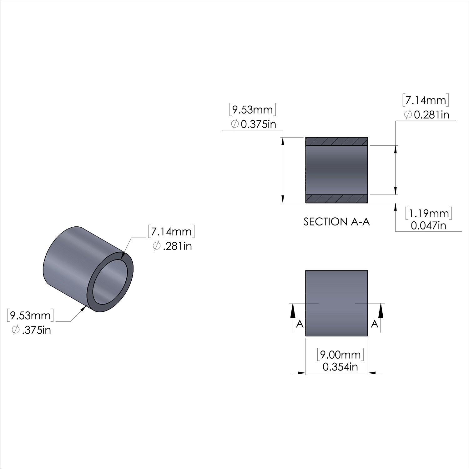 Aluminum Spacer 3/8'' OD x .281'' ID x 9mm Long, Plain Aluminum Finish