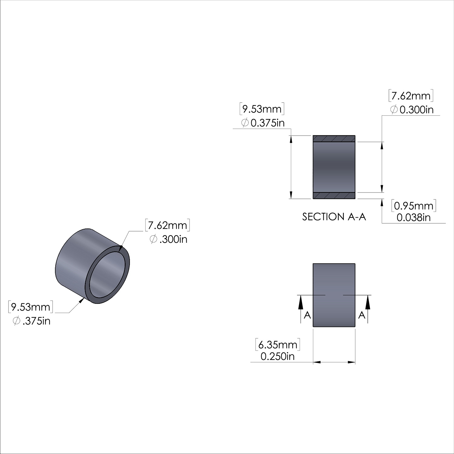 Aluminum Spacer 3/8'' OD x .300'' ID x 1/4'' Long