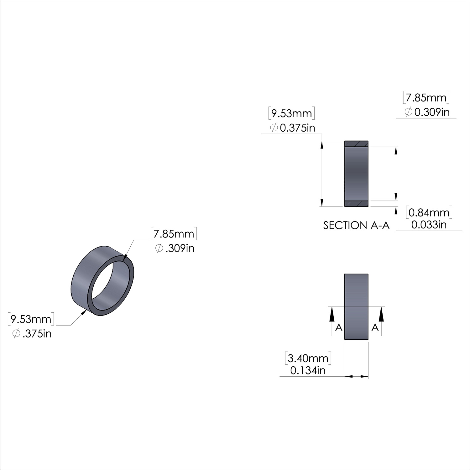 Aluminum Spacer 3/8'' OD x .309'' ID x .134'' Long, Plain Aluminum Finish