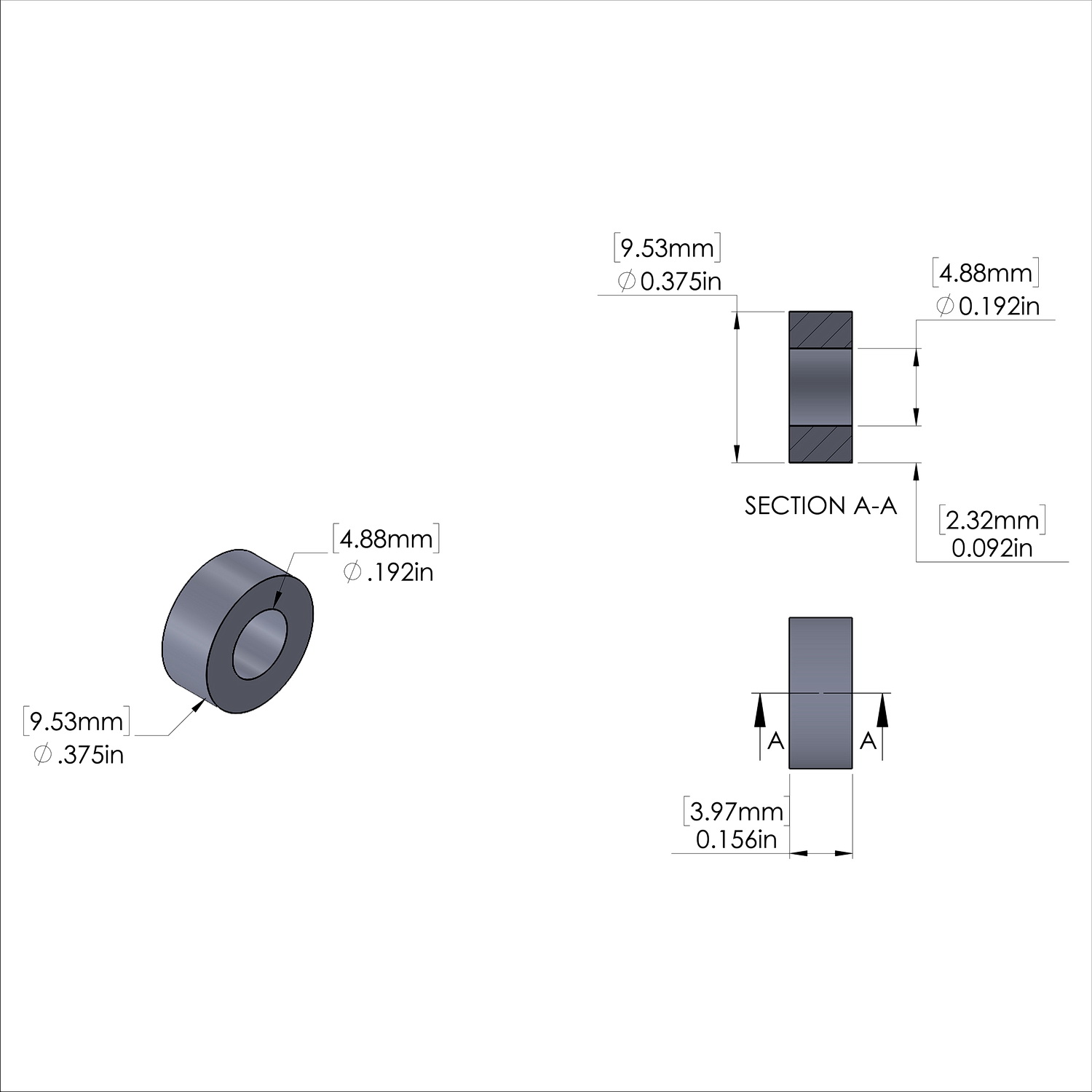 Aluminum Spacer 3/8'' OD x .192'' ID x 5/32'' Long, Plain Aluminum Finish