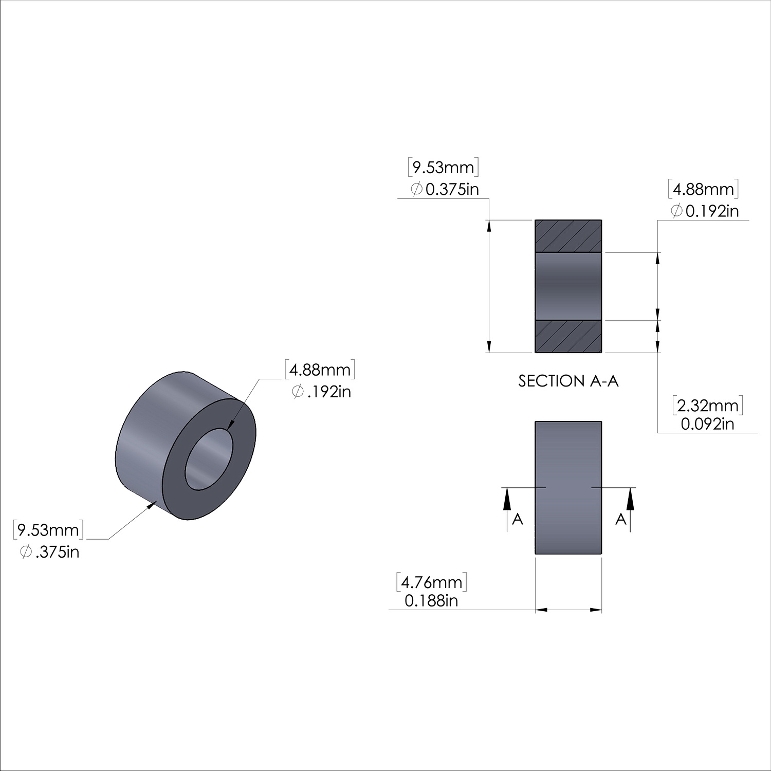 Aluminum Spacer 3/8'' OD x .192'' ID x 3/16'' Long, Black Anodized Finish