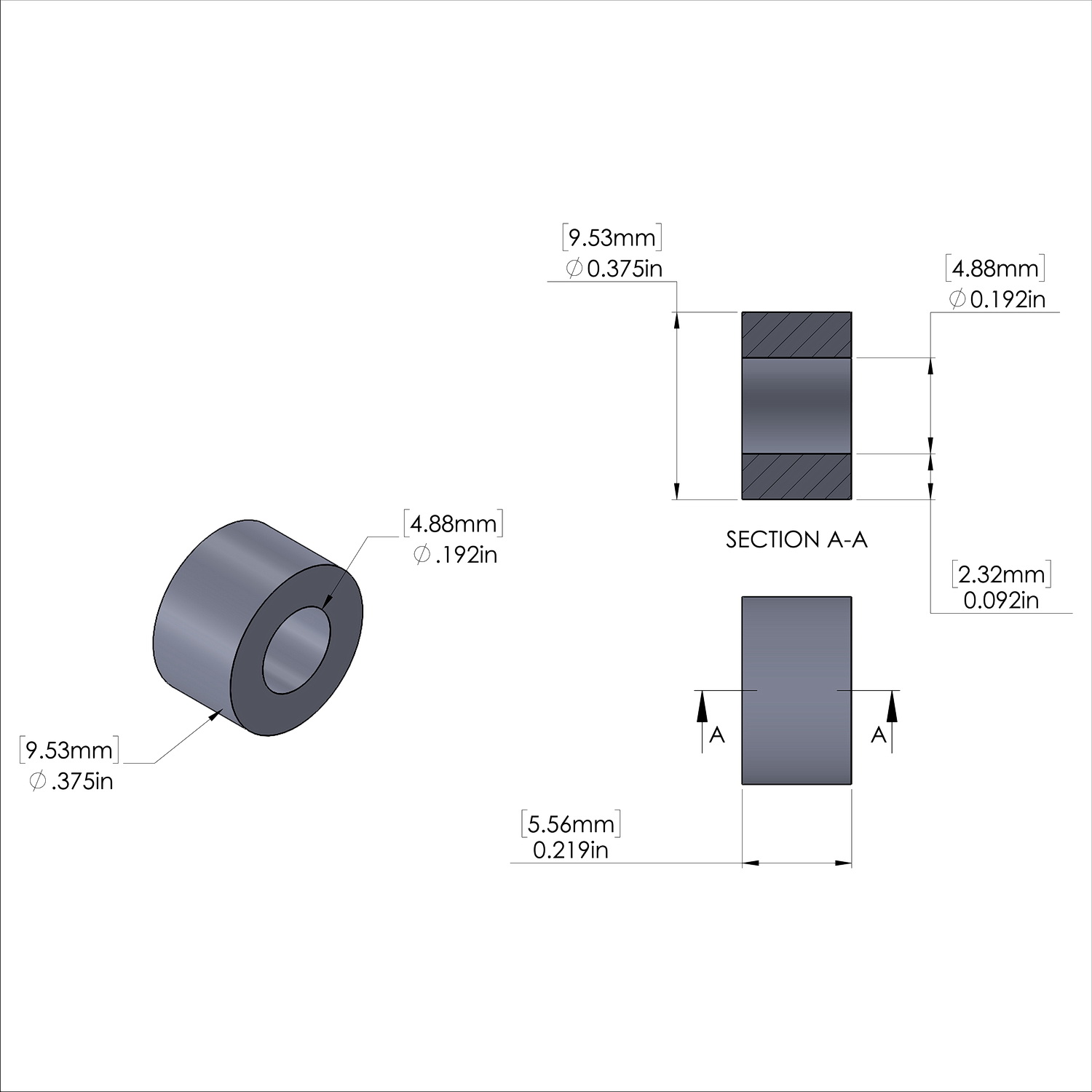 Aluminum Spacer 3/8'' OD x .192'' ID x 7/32'' Long, Plain Aluminum Finish