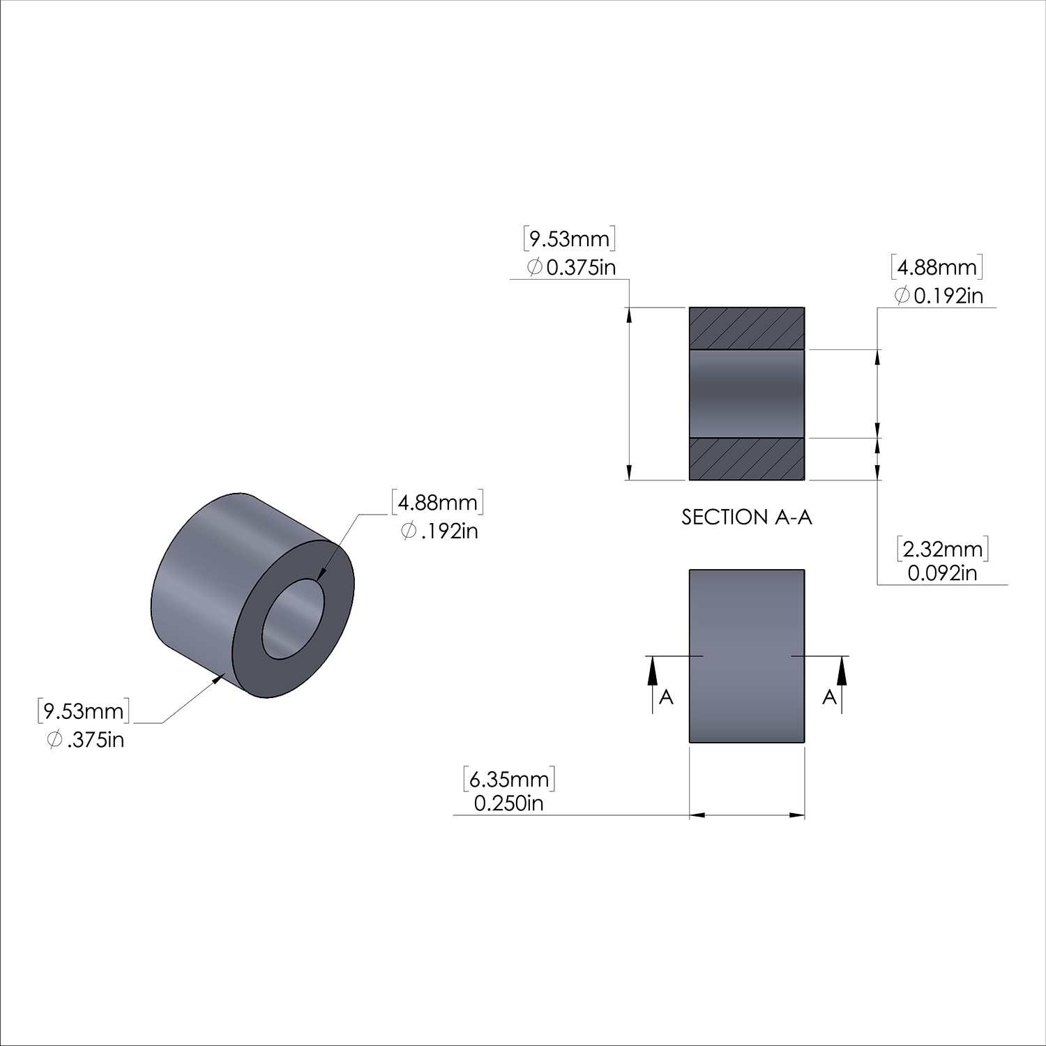 Aluminum Spacer 3/8'' OD x .192'' ID x 1/4'' Long, Black Anodized Finish