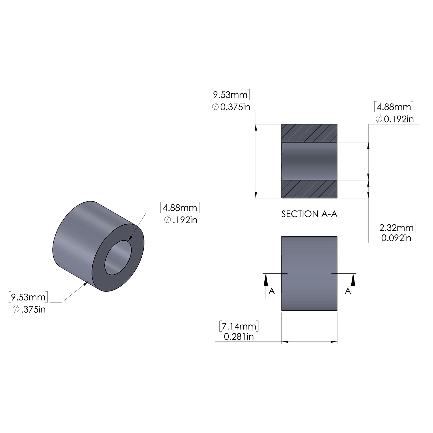 Aluminum Spacer 3/8'' OD x .192'' ID x 9/32'' Long