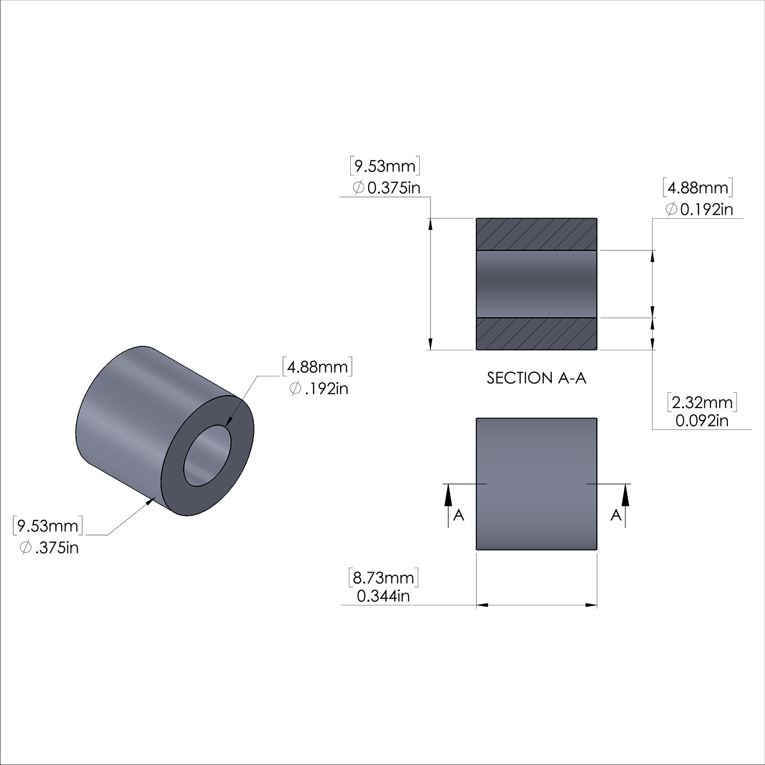 Aluminum Spacer 3/8'' OD x .192'' ID x 11/32'' Long